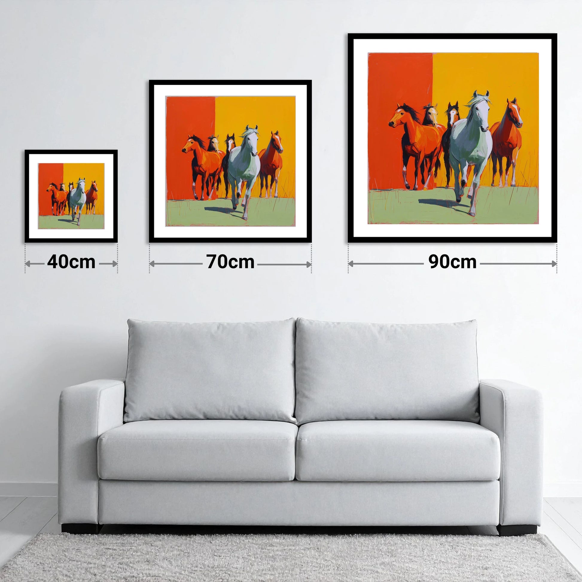 The Vivid Herd - size guide showing 40cm, 70cm and 90cm art prints