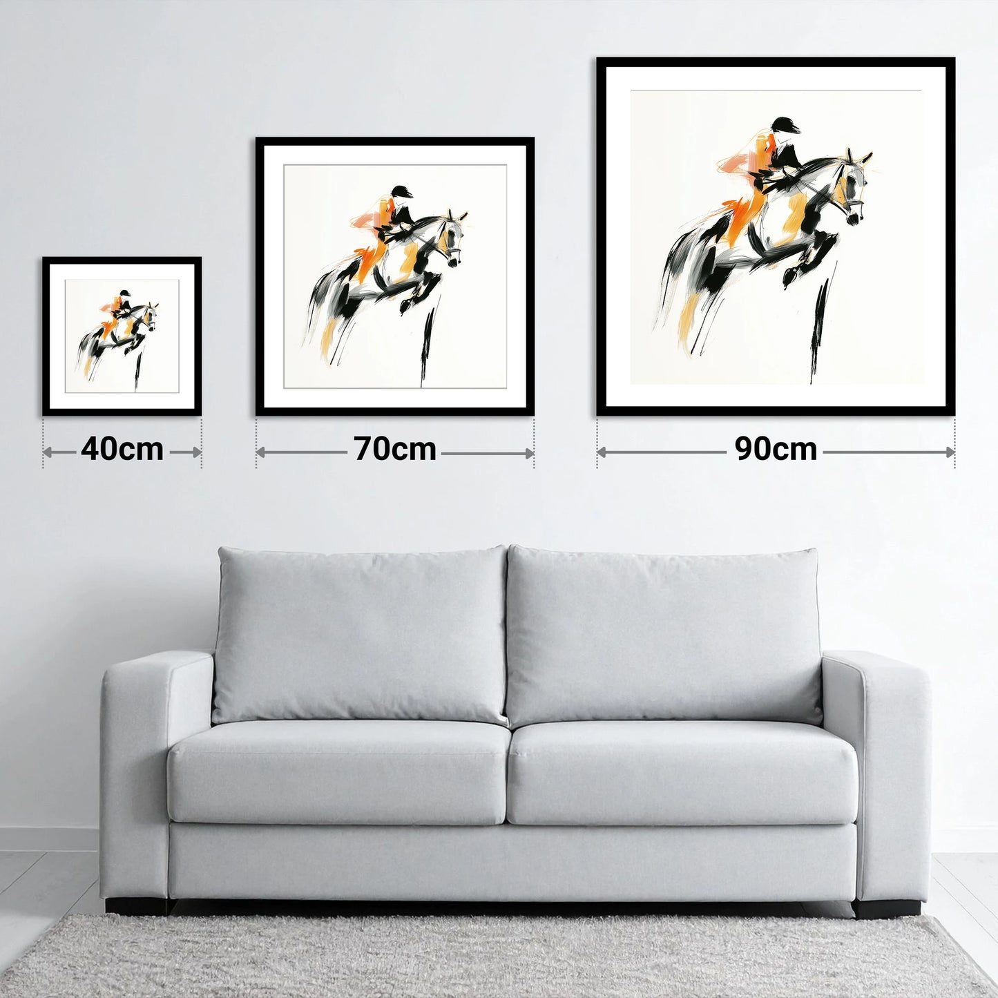 Amber Ascent - size guide showing 40cm, 70cm and 90cm art prints