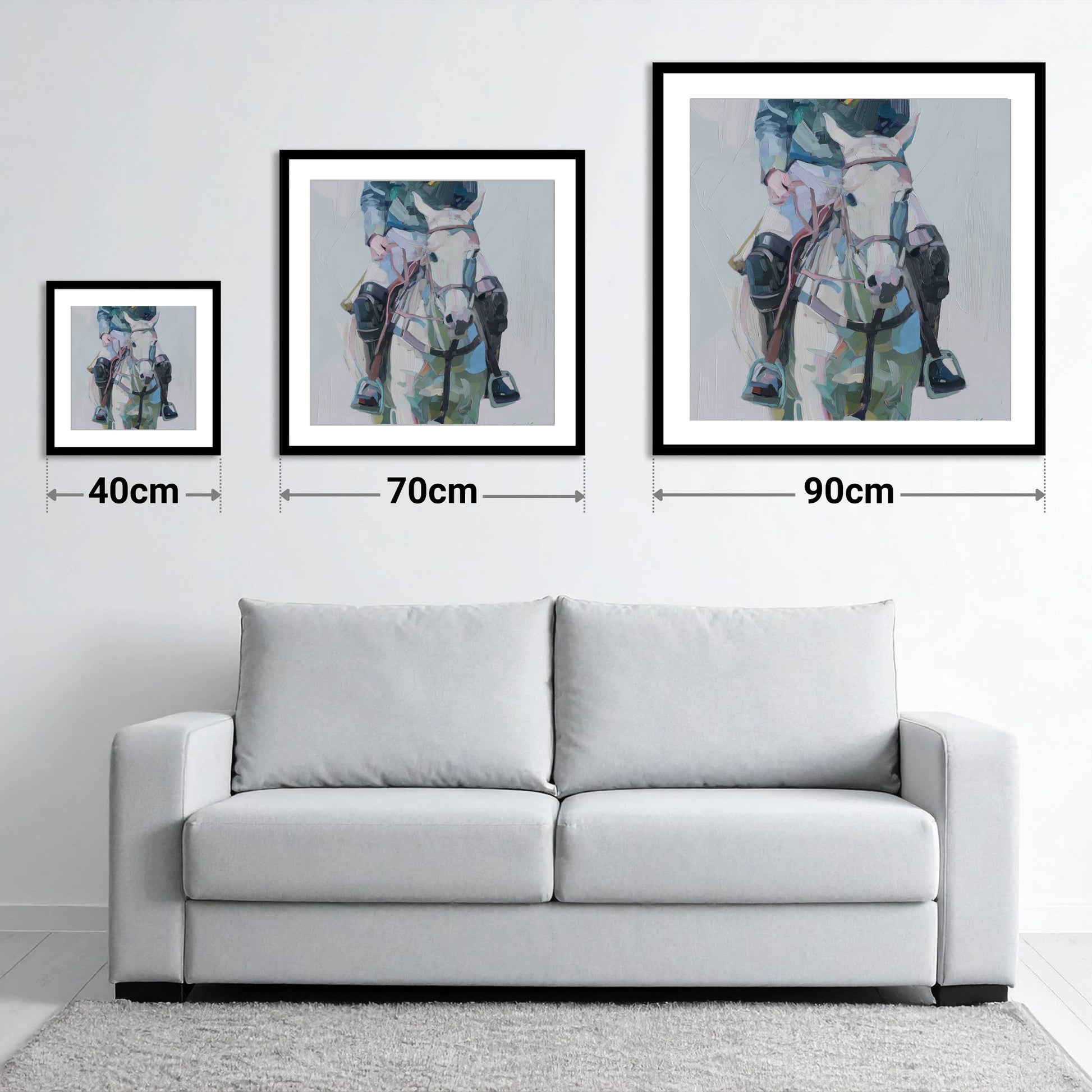Quiet Before the Chukka - size guide showing 40cm, 70cm and 90cm art prints