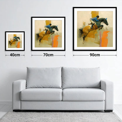 Abstract Showjumping Flight - size guide showing 40cm, 70cm and 90cm art prints