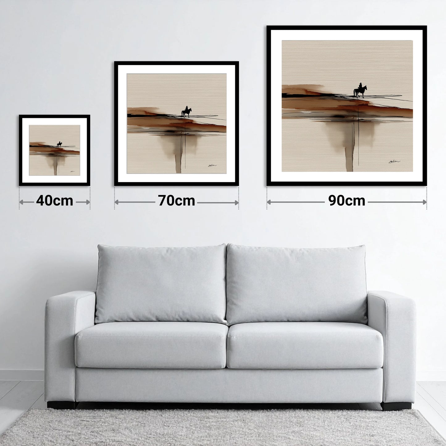Horizon Rider - size guide showing 40cm, 70cm and 90cm art prints