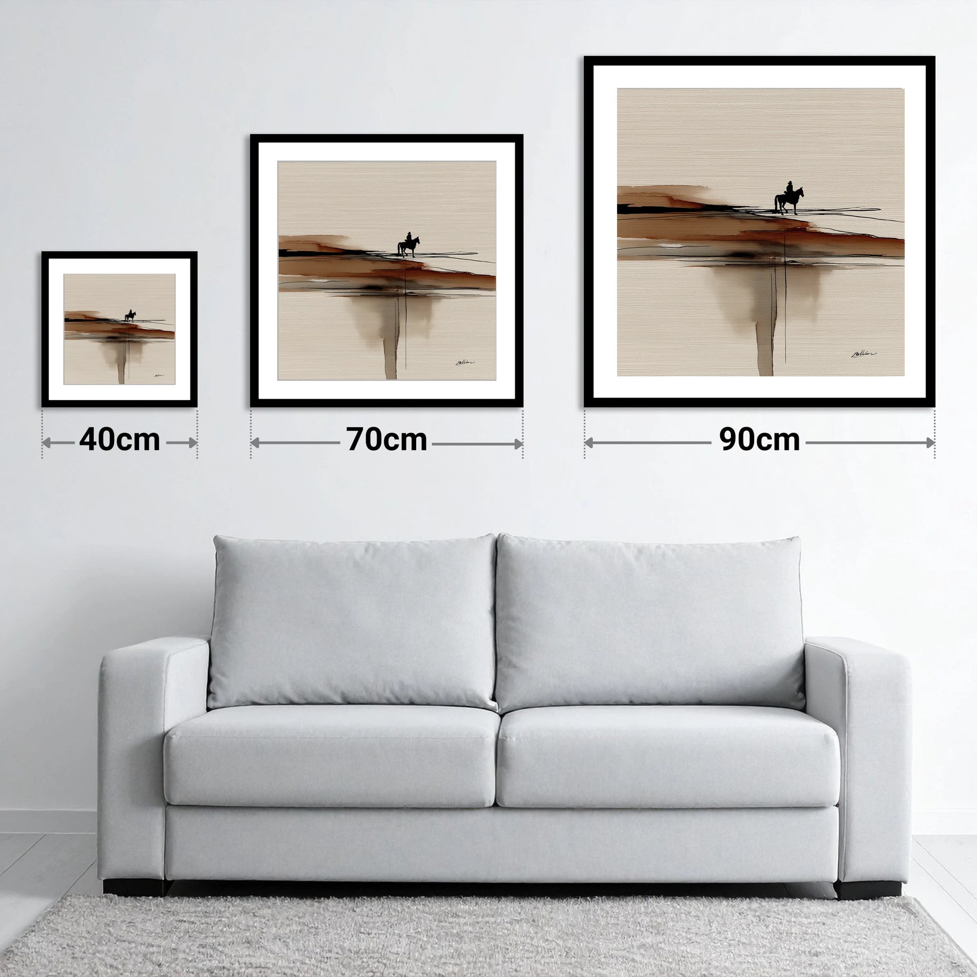 Horizon Rider - size guide showing 40cm, 70cm and 90cm art prints