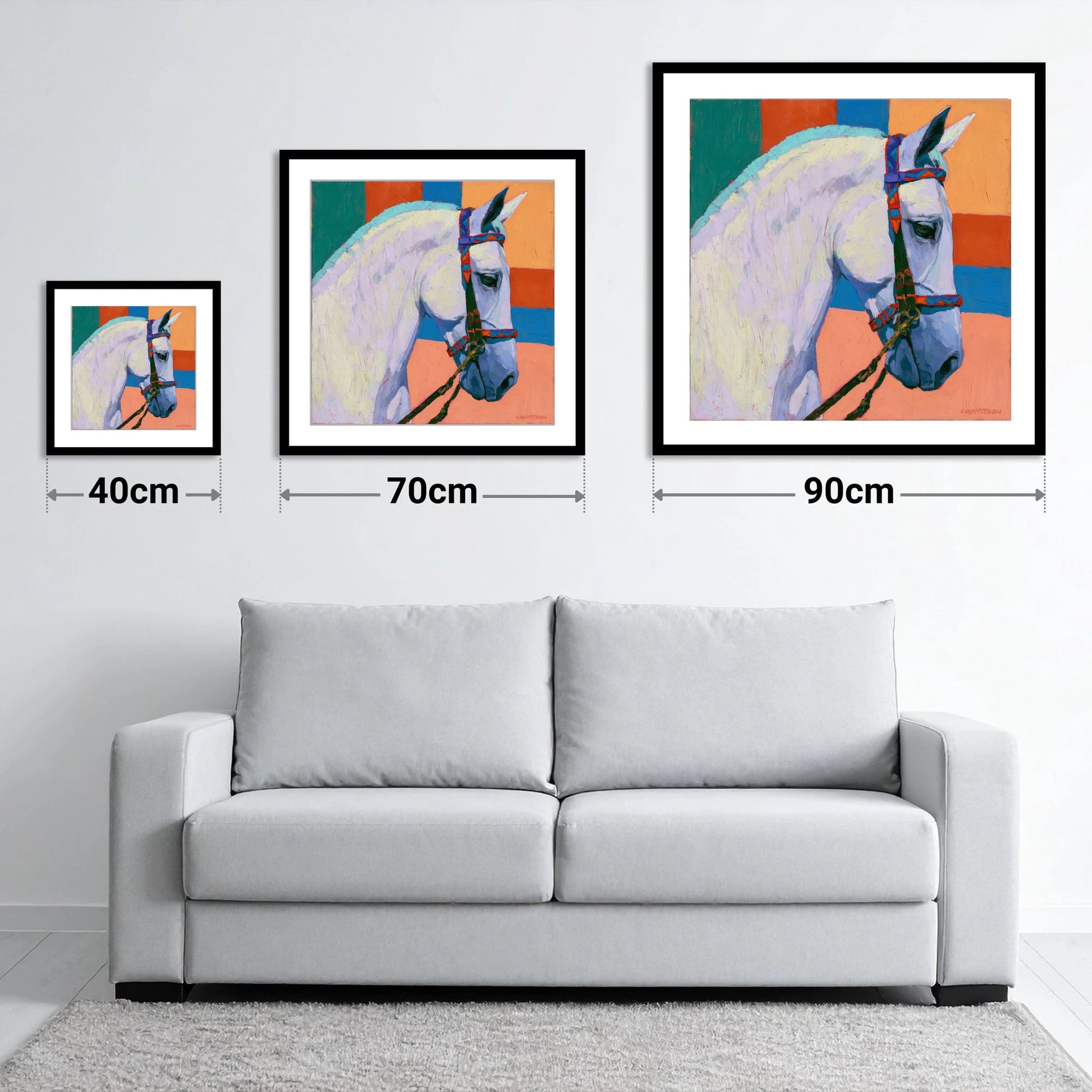 Grey Horse With Patterned Bridle - size guide showing 40cm, 70cm and 90cm art prints