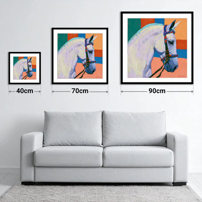 Grey Horse With Patterned Bridle - size guide showing 40cm, 70cm and 90cm art prints