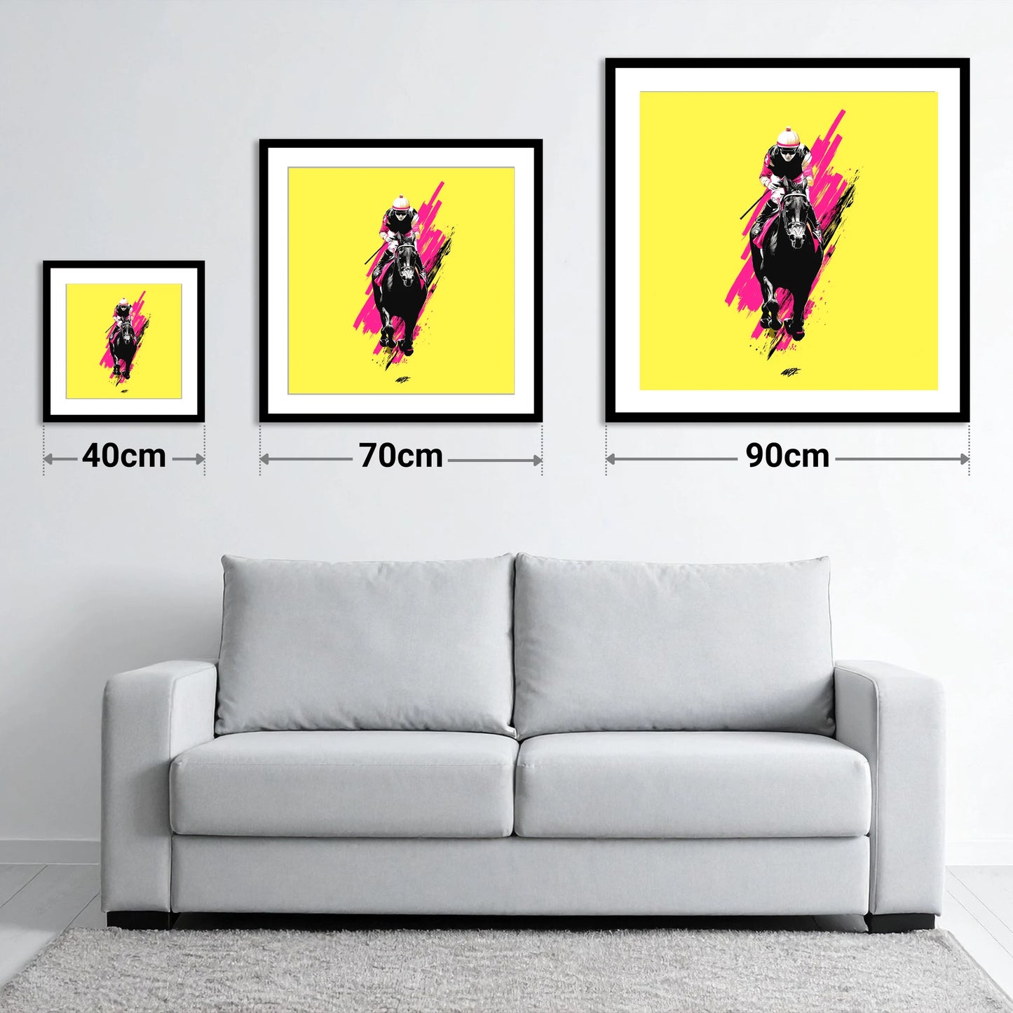 The Front Runner - size guide showing 40cm, 70cm and 90cm art prints