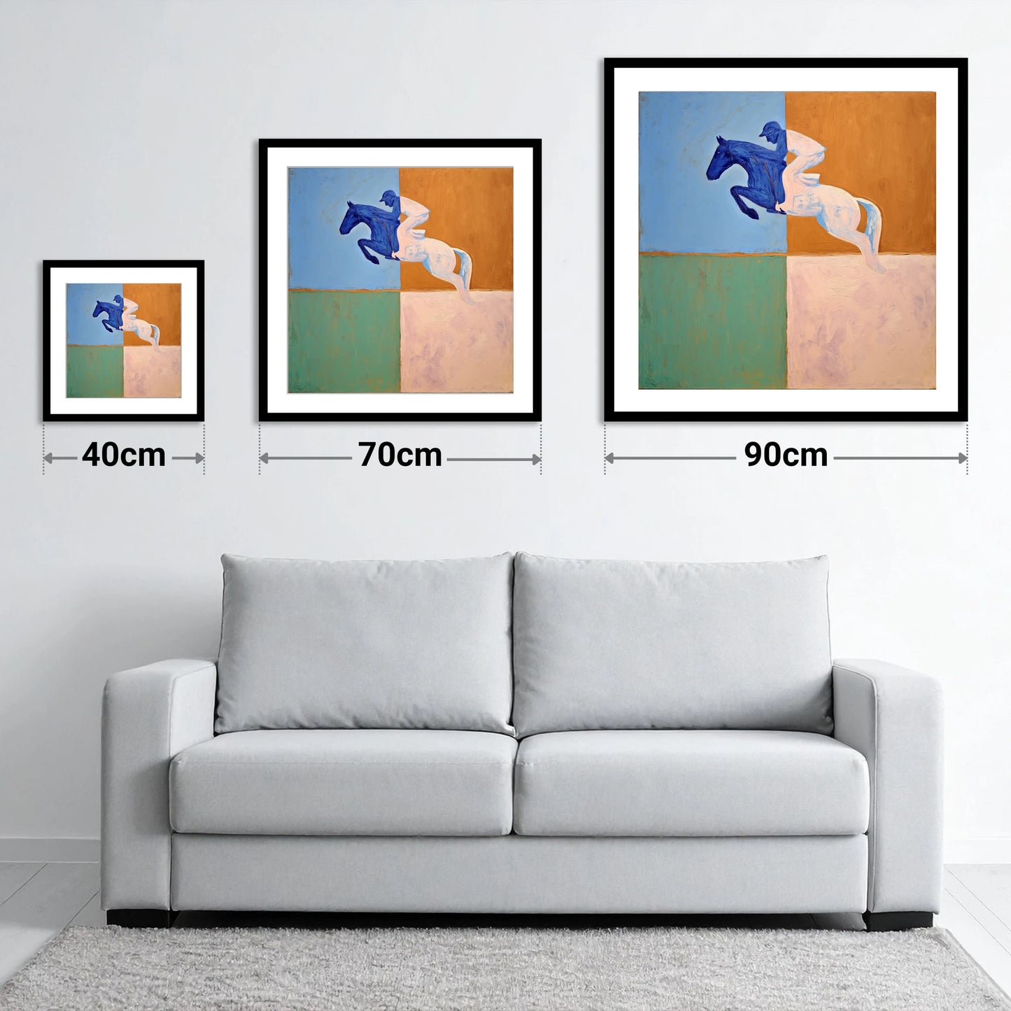 The Abstract Leap - size guide showing 40cm, 70cm and 90cm art prints