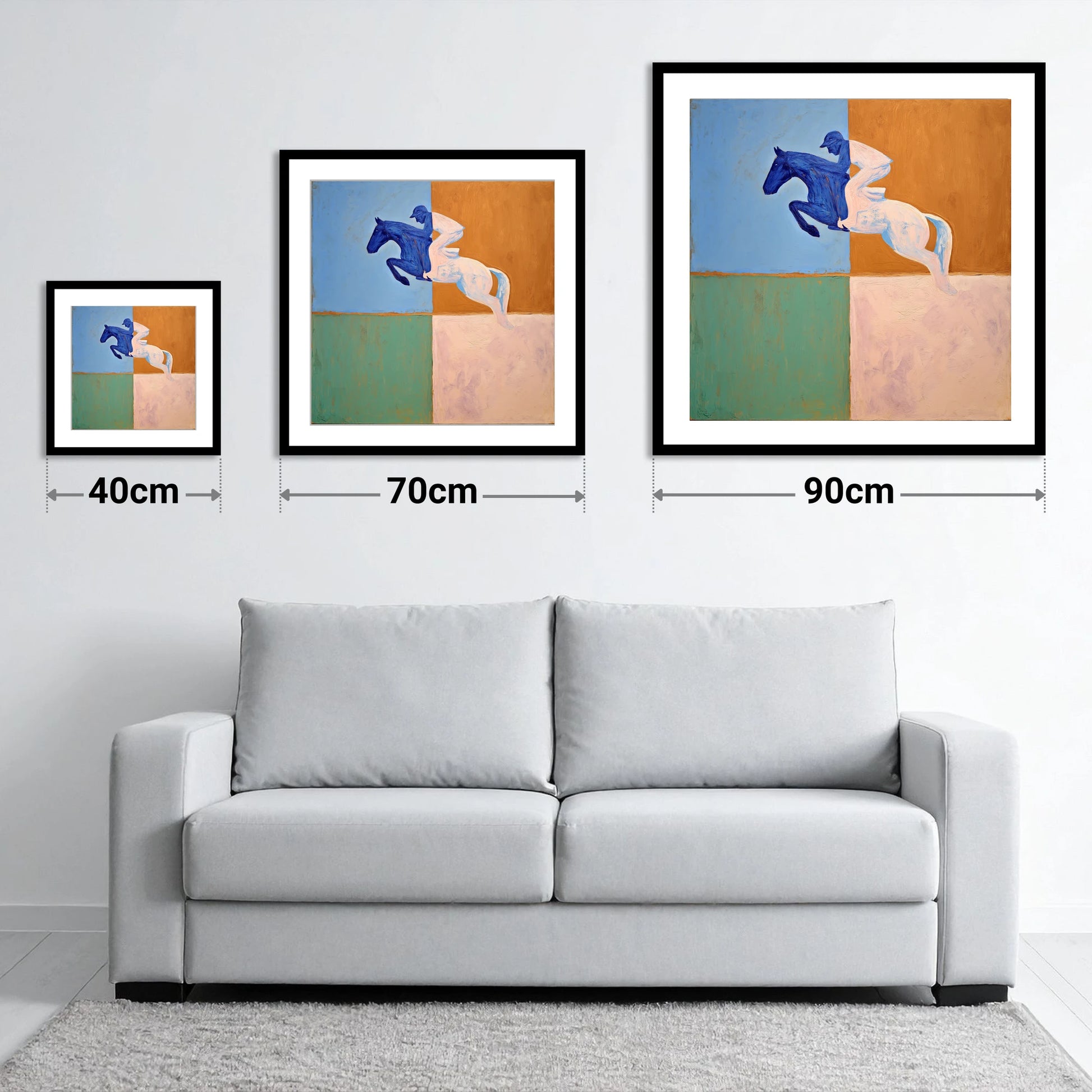 The Abstract Leap - size guide showing 40cm, 70cm and 90cm art prints