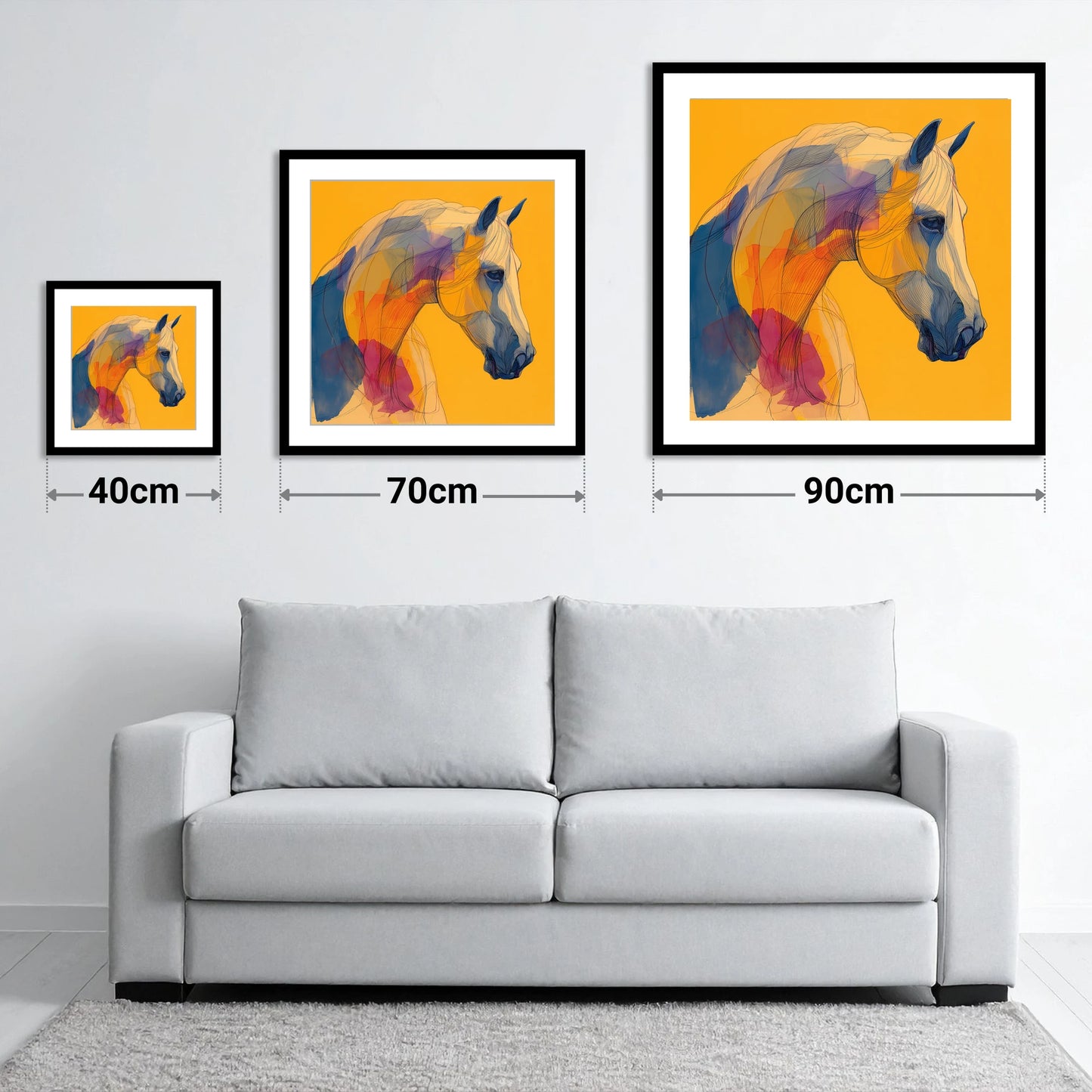 Golden Equine Spirit - size guide showing 40cm, 70cm and 90cm art prints