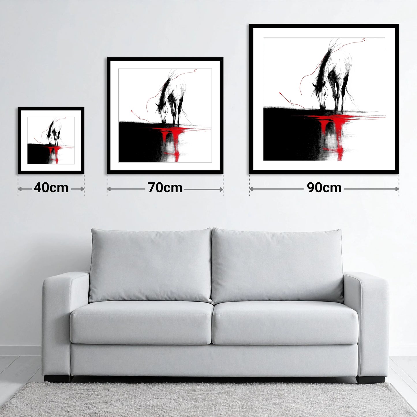 Crimson Reflection - size guide showing 40cm, 70cm and 90cm art prints
