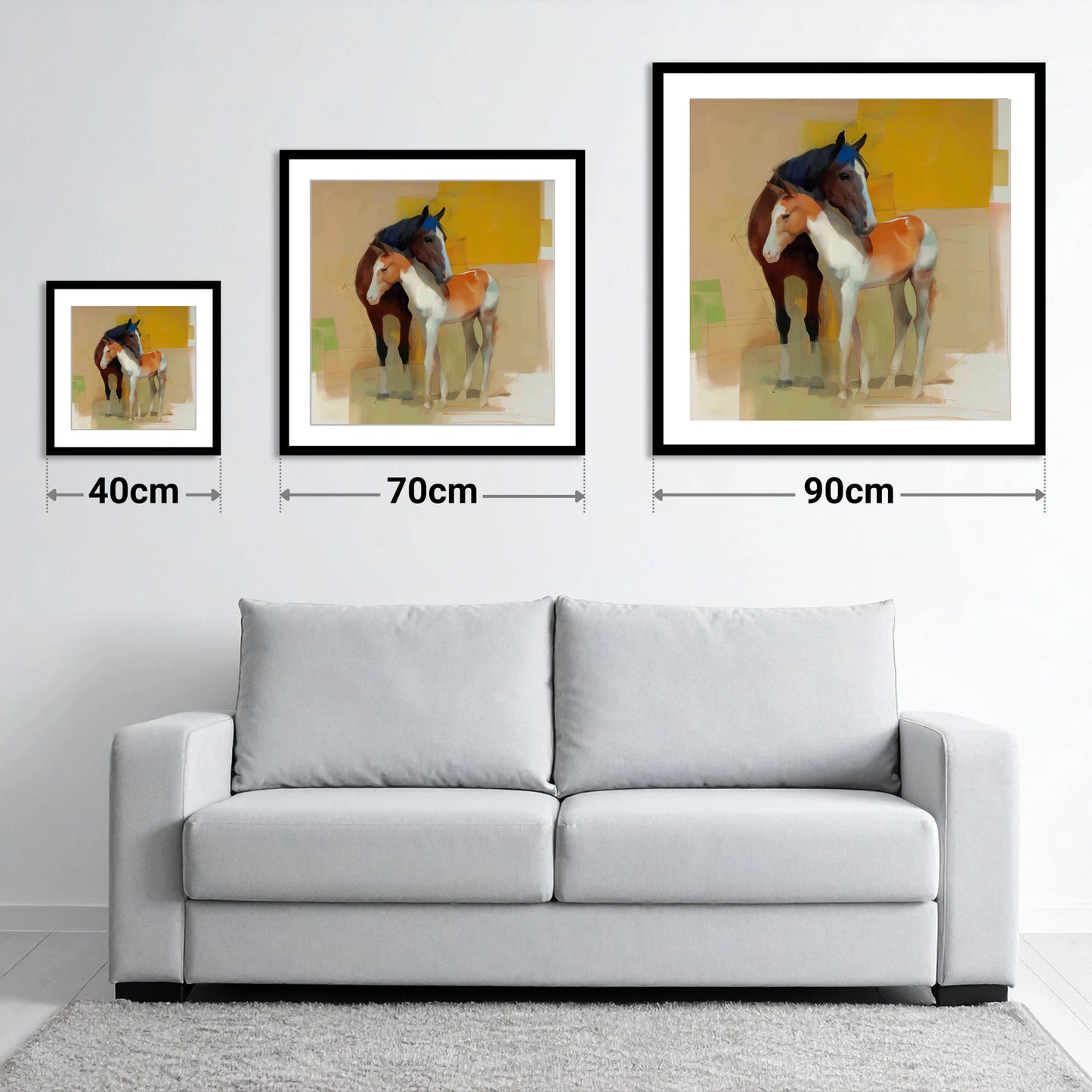 Vivid Bond - size guide showing 40cm, 70cm and 90cm art prints