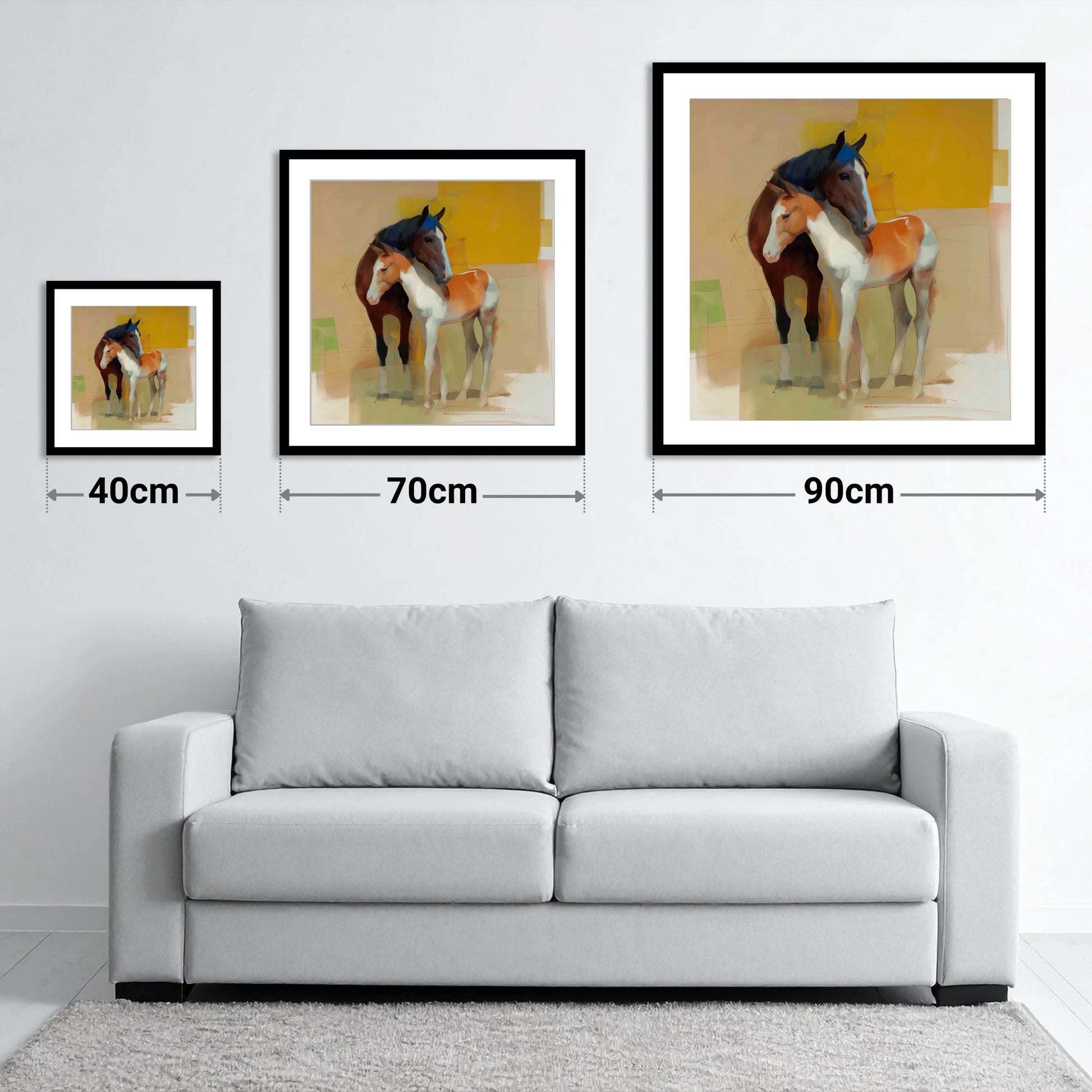 Vivid Bond - size guide showing 40cm, 70cm and 90cm art prints