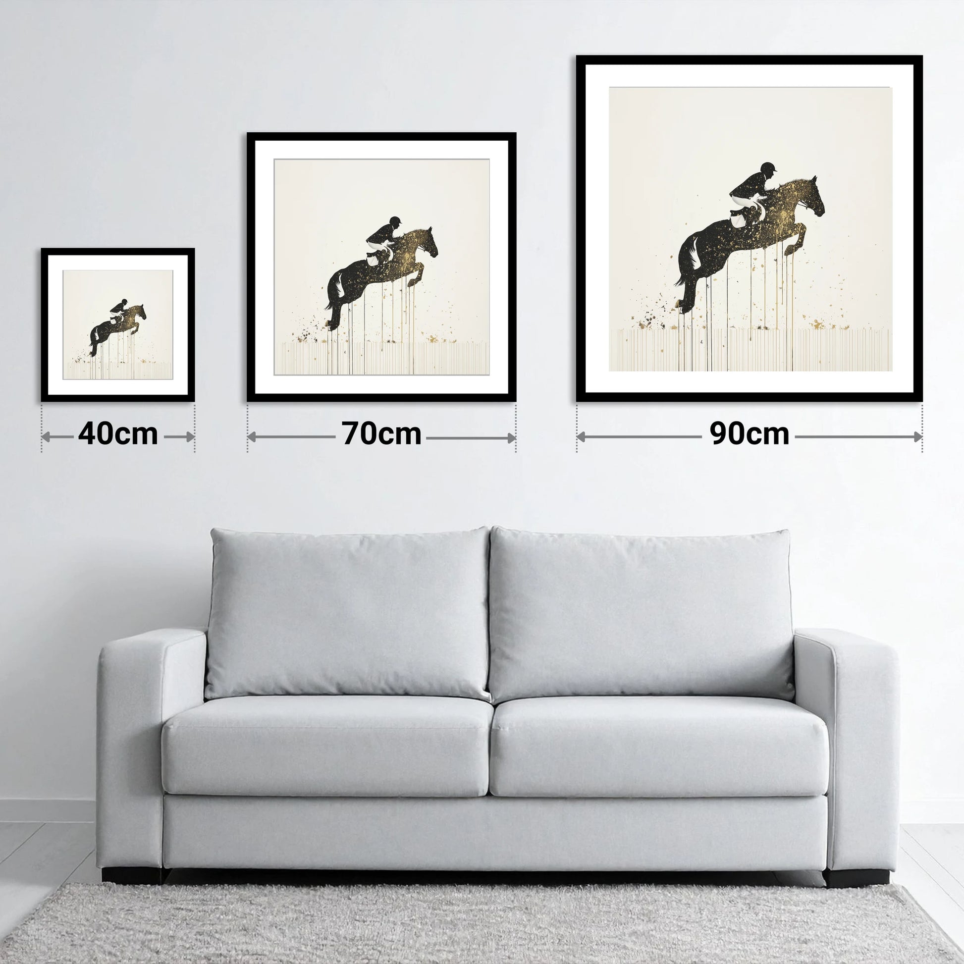 Suspended in Gold - size guide showing 40cm, 70cm and 90cm art prints