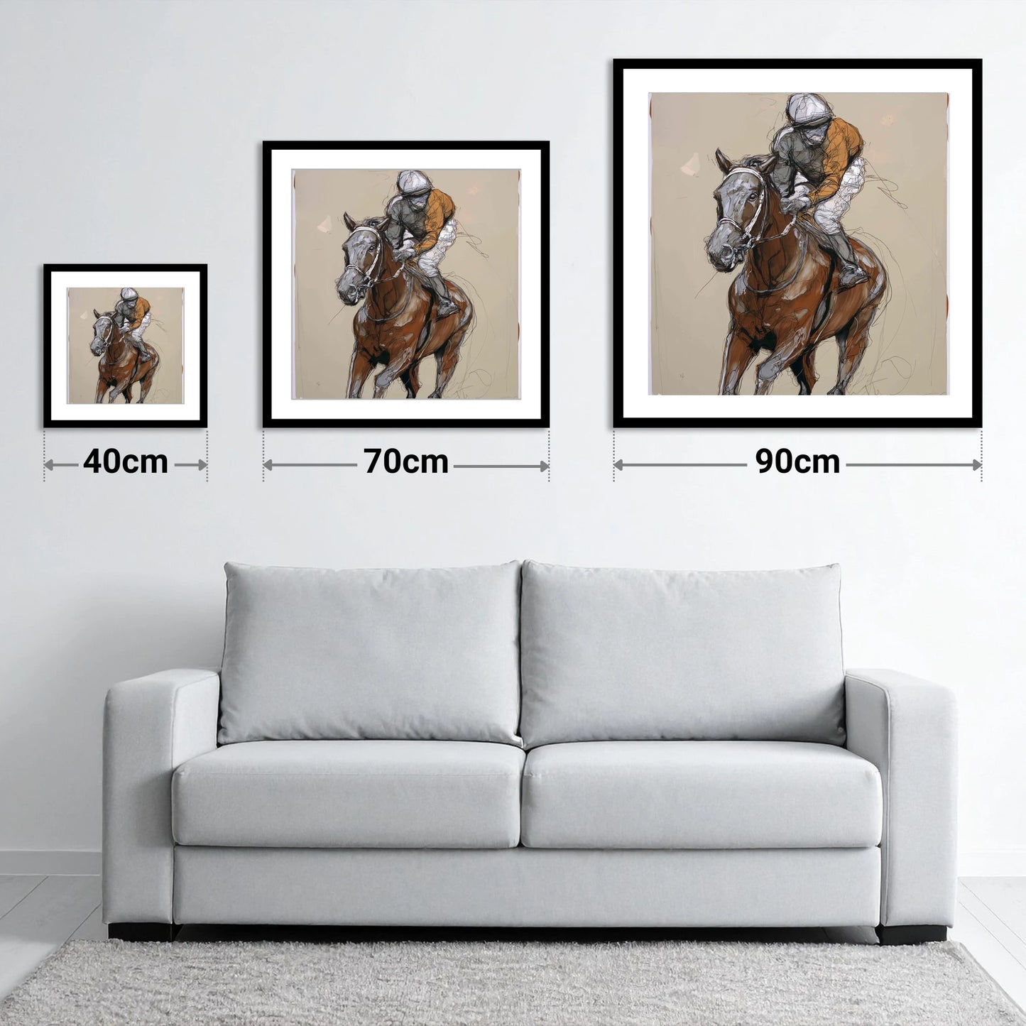 Pace and Power - size guide showing 40cm, 70cm and 90cm art prints