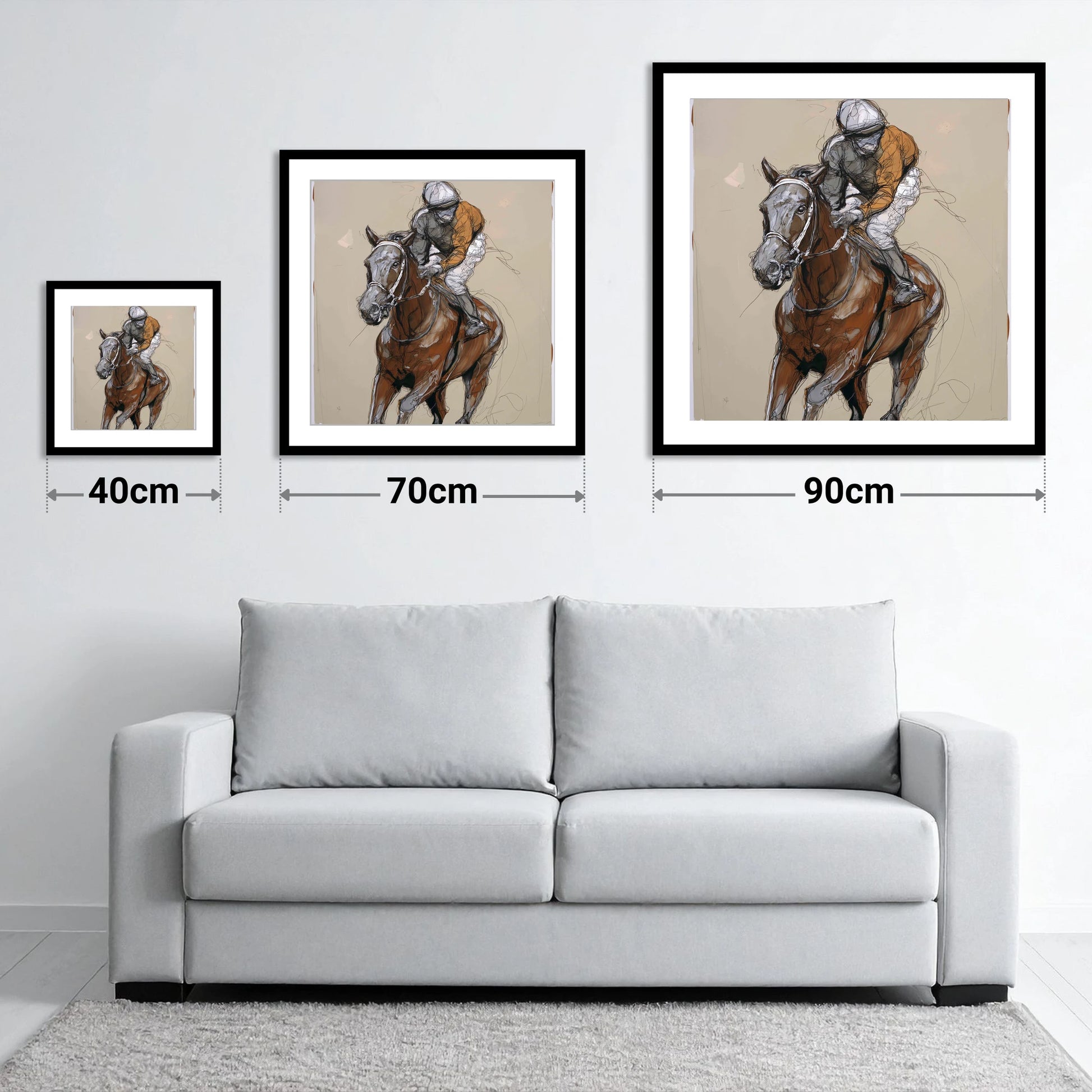 Pace and Power - size guide showing 40cm, 70cm and 90cm art prints