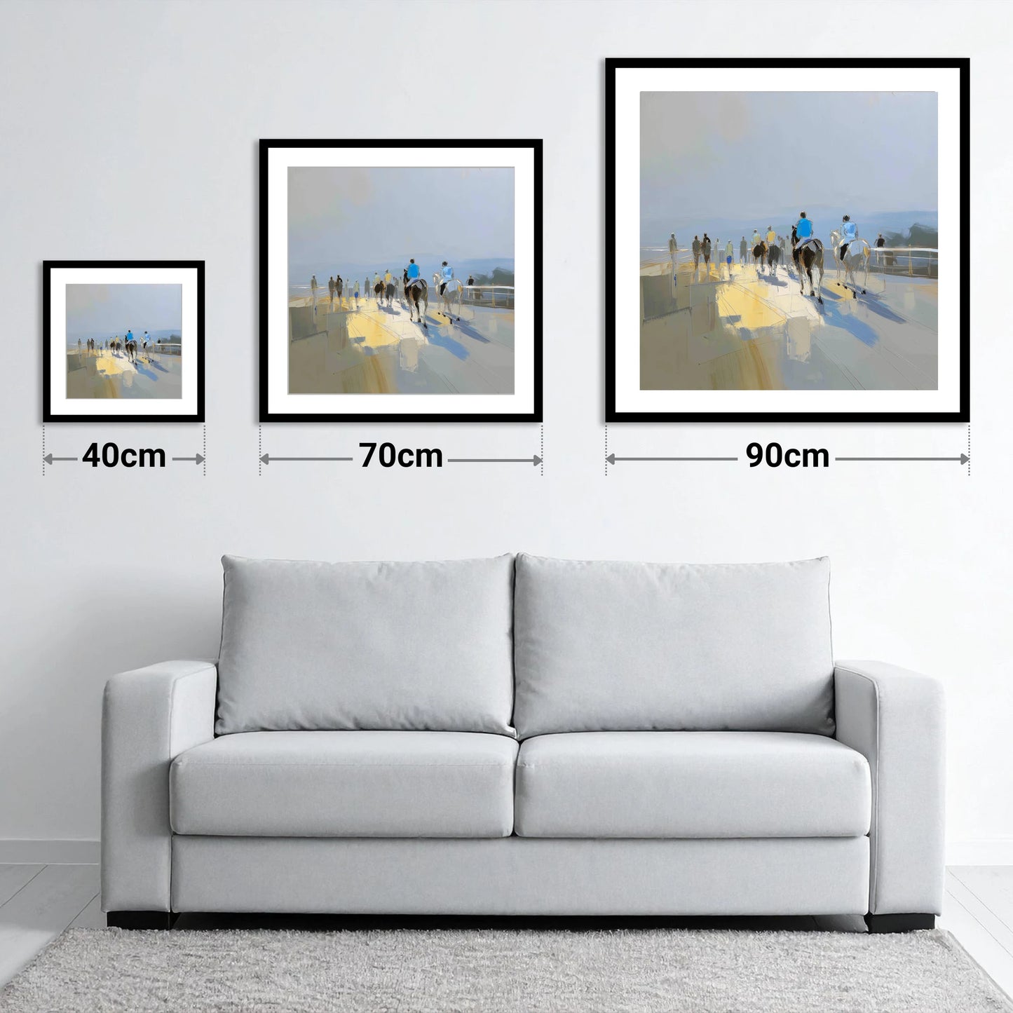 Heading to the Start - size guide showing 40cm, 70cm and 90cm art prints