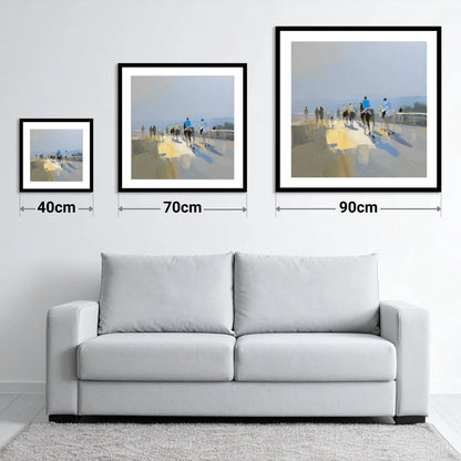 Heading to the Start - size guide showing 40cm, 70cm and 90cm art prints