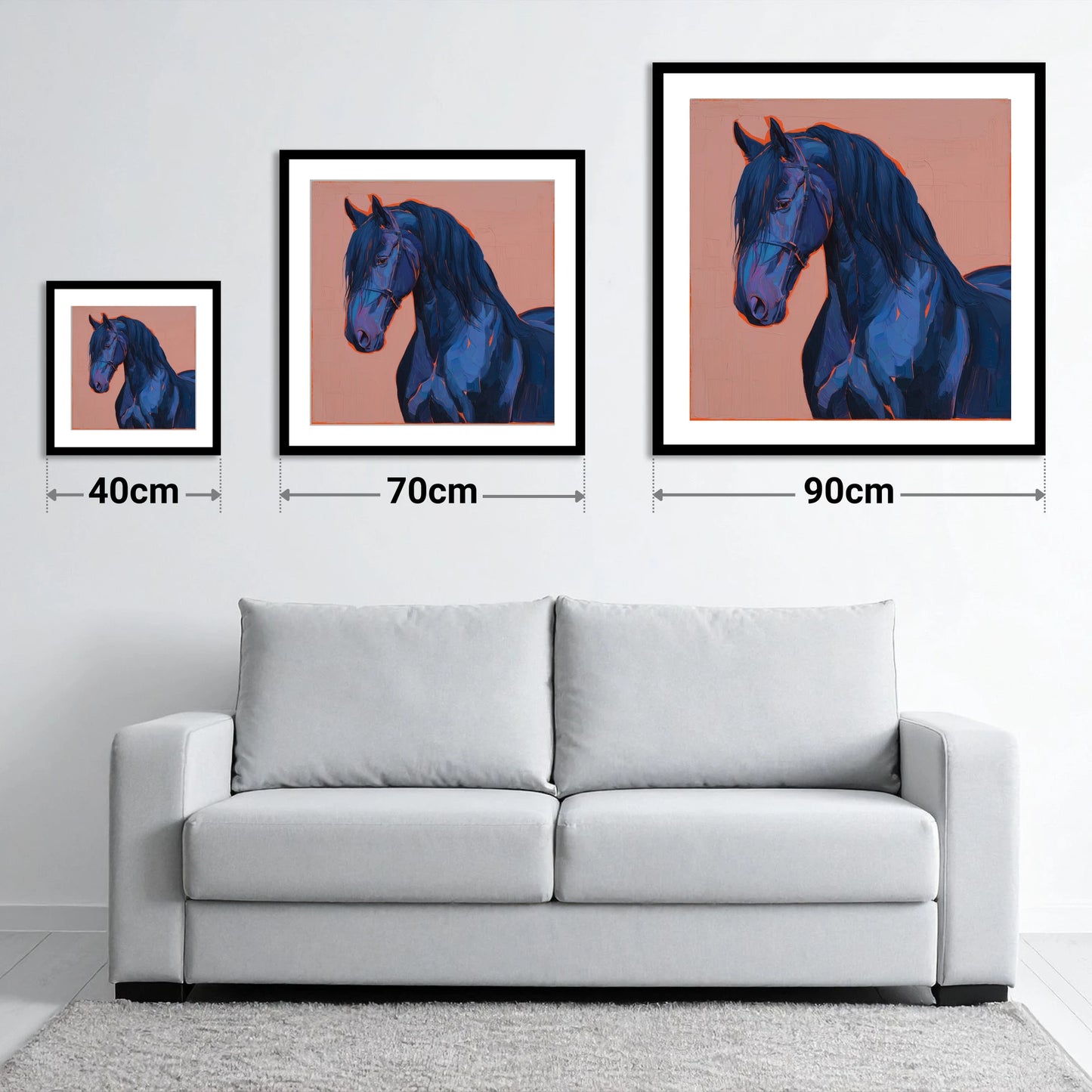 Midnight Blue Majesty - size guide showing 40cm, 70cm and 90cm art prints