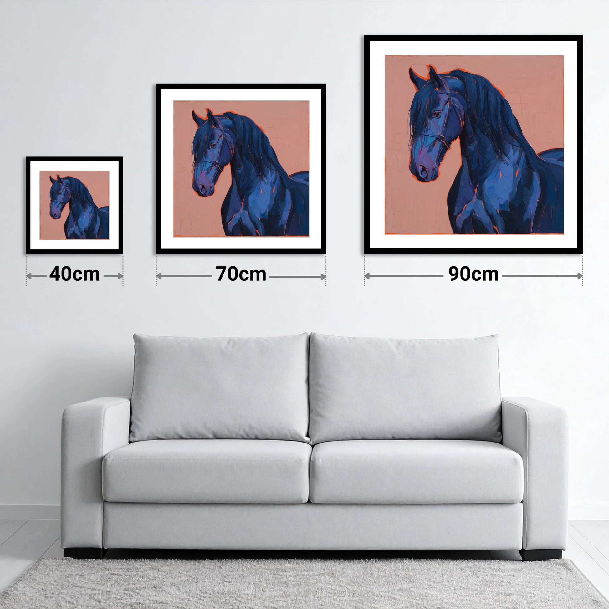 Midnight Blue Majesty - size guide showing 40cm, 70cm and 90cm art prints