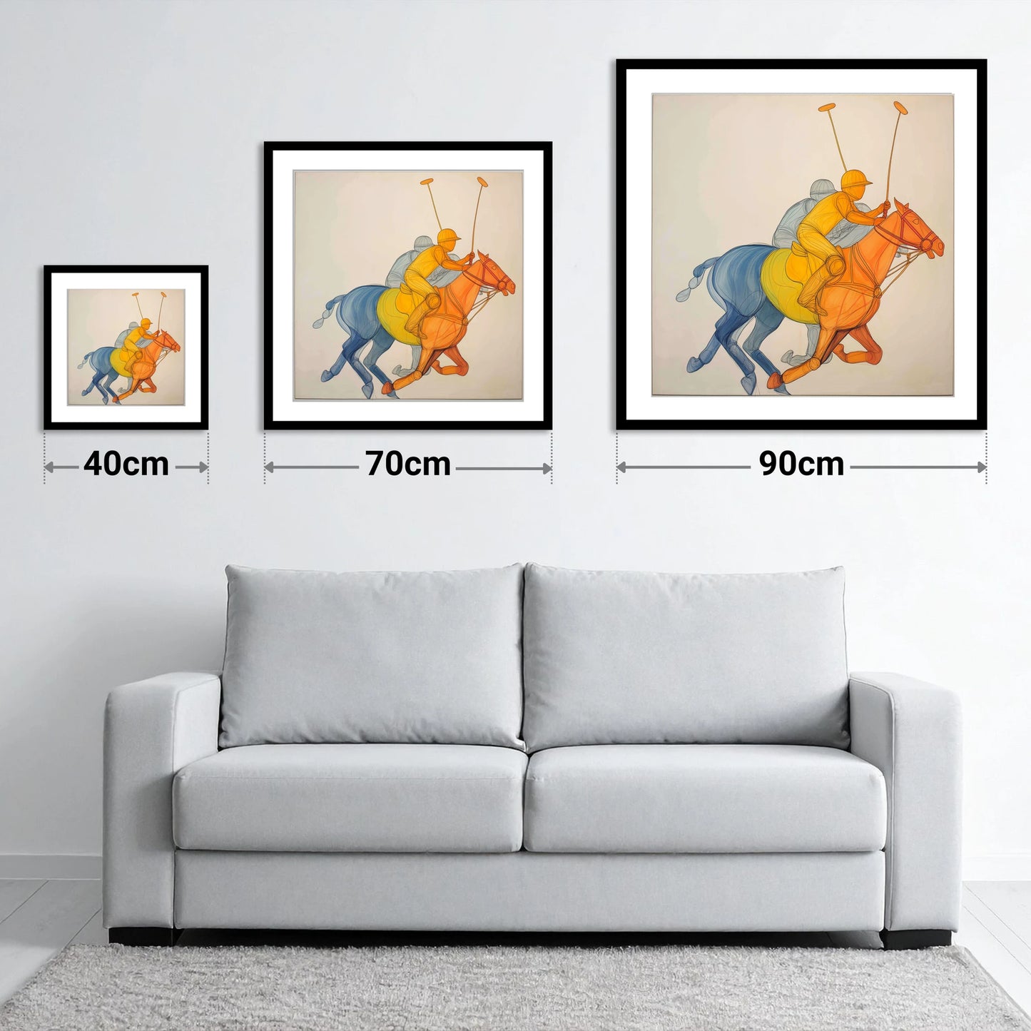 Rhythm of the Chukka - size guide showing 40cm, 70cm and 90cm art prints