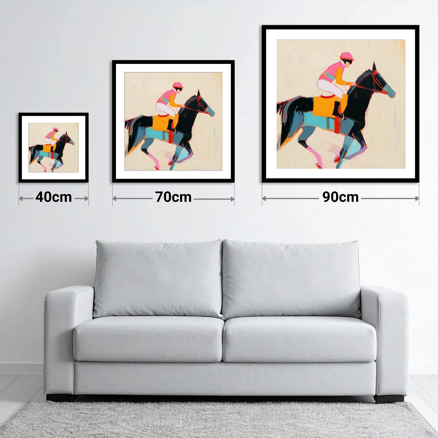 Vibrant Sprint - size guide showing 40cm, 70cm and 90cm art prints
