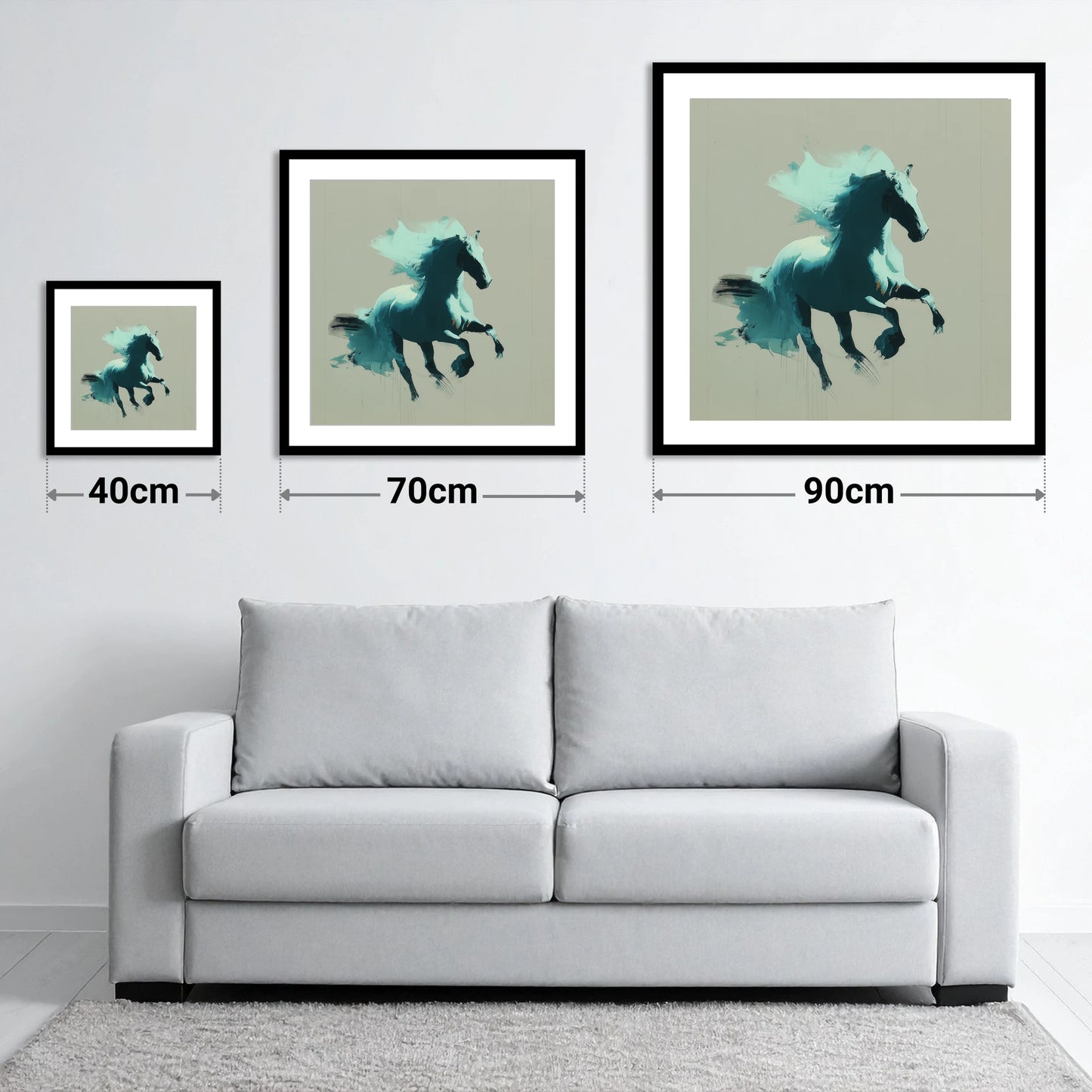 Dynamic Teal Stallion - size guide showing 40cm, 70cm and 90cm art prints