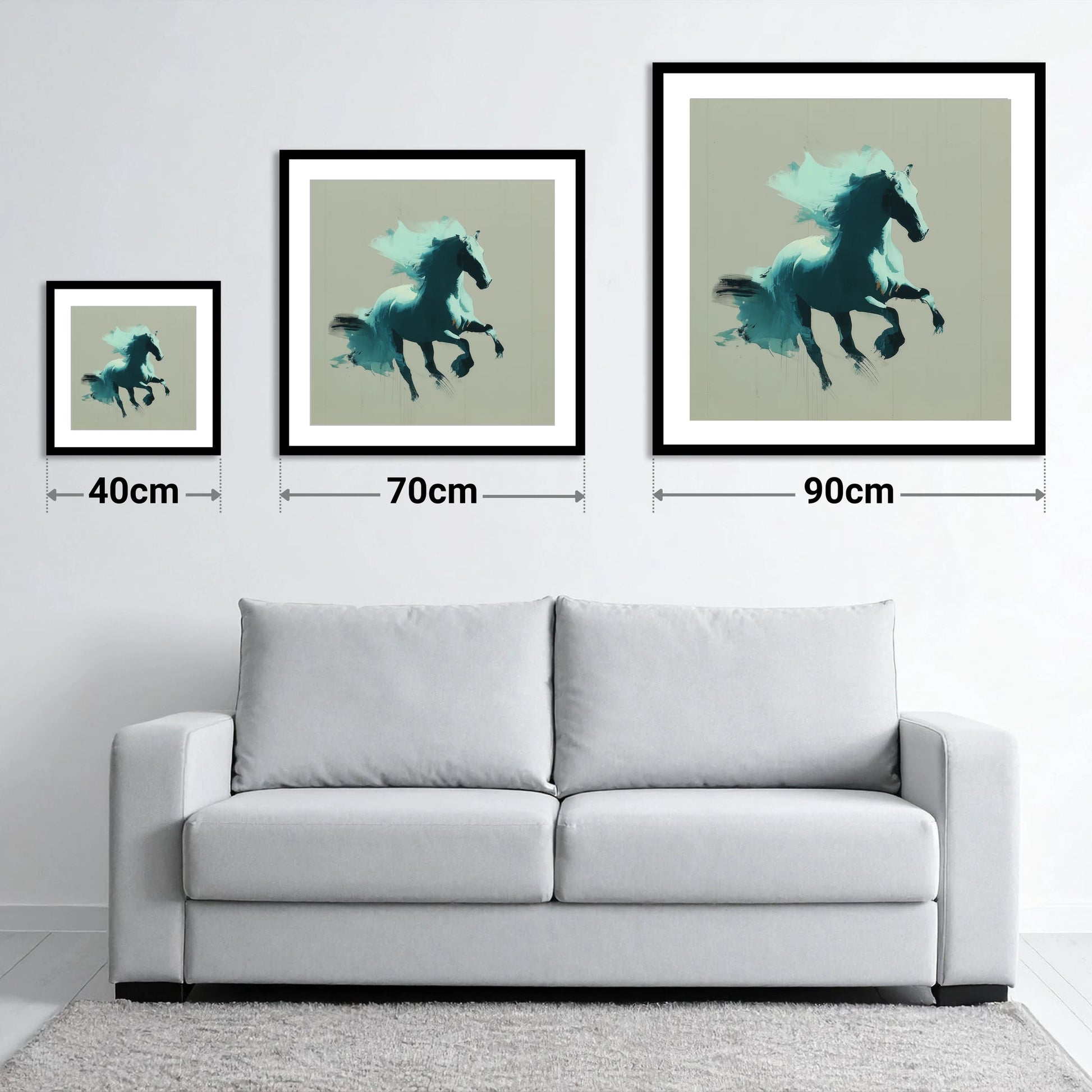 Dynamic Teal Stallion - size guide showing 40cm, 70cm and 90cm art prints