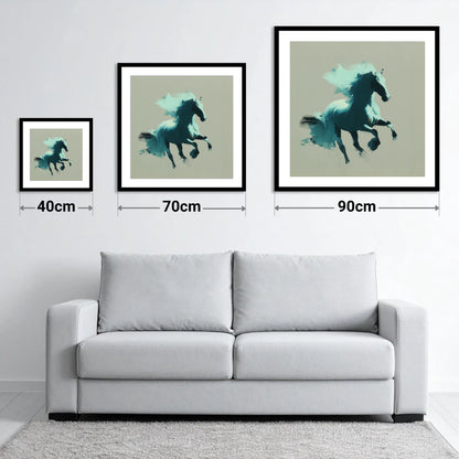 Dynamic Teal Stallion - size guide showing 40cm, 70cm and 90cm art prints