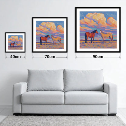 Under Painted Skies - size guide showing 40cm, 70cm and 90cm art prints