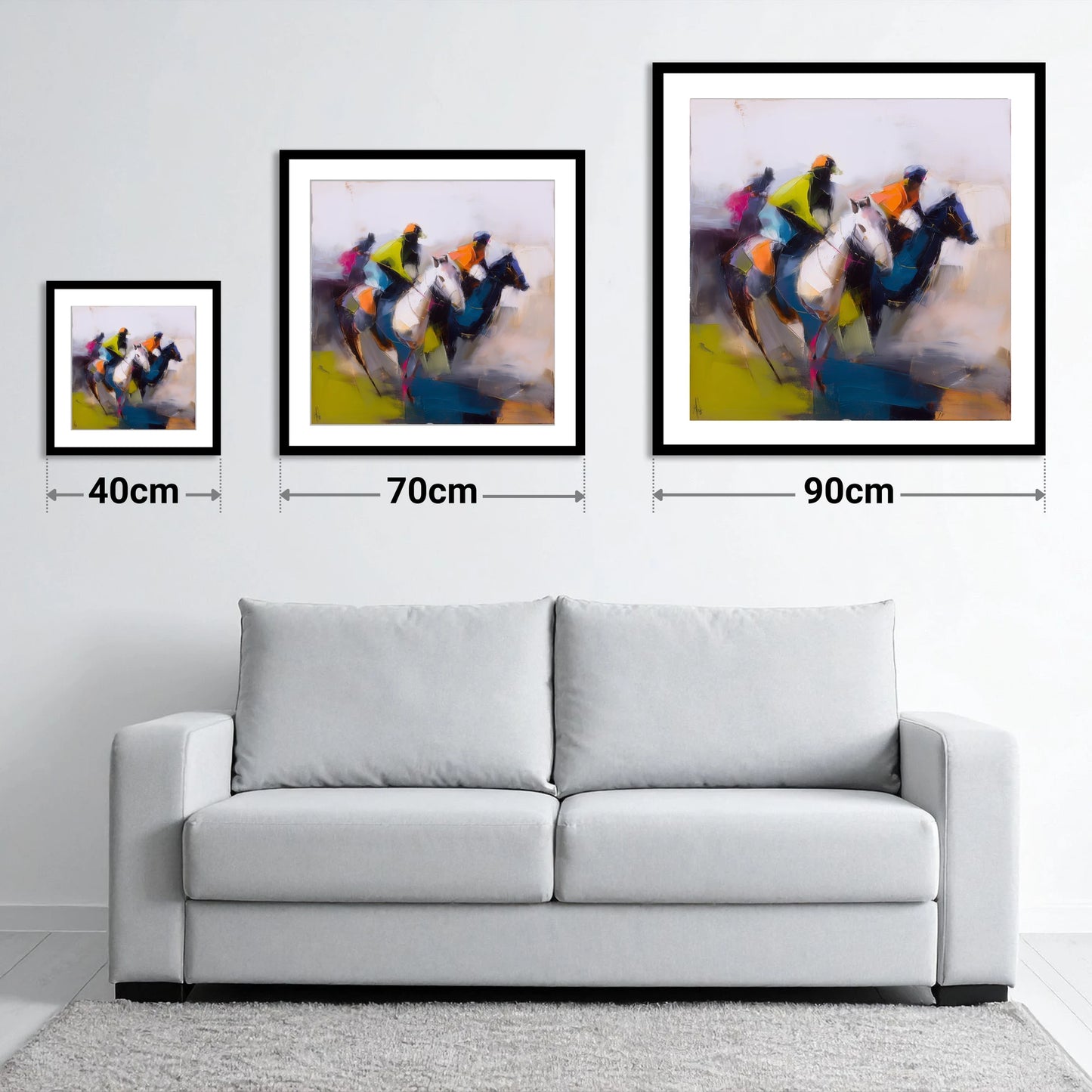 The Vibrant Chase - size guide showing 40cm, 70cm and 90cm art prints