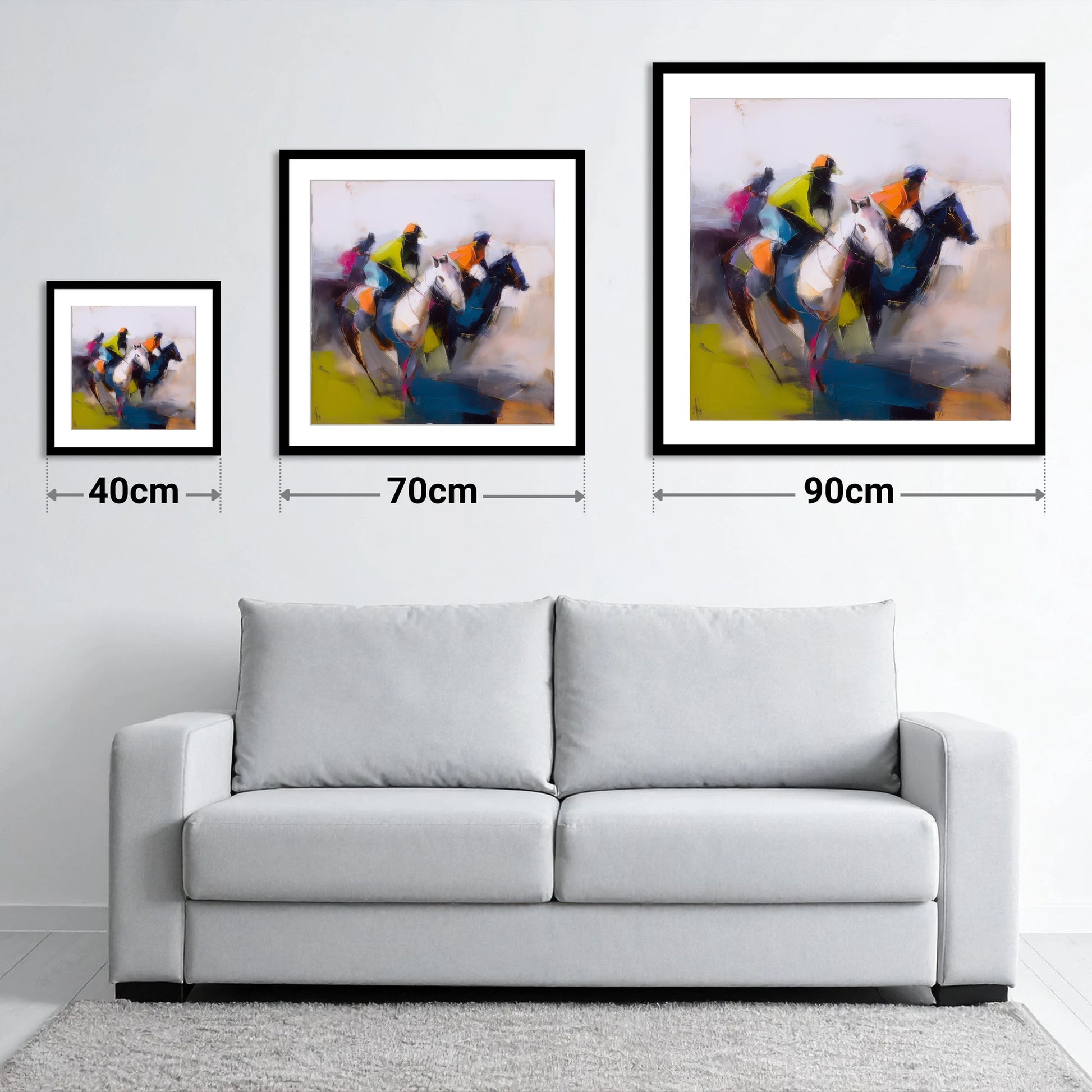 The Vibrant Chase - size guide showing 40cm, 70cm and 90cm art prints