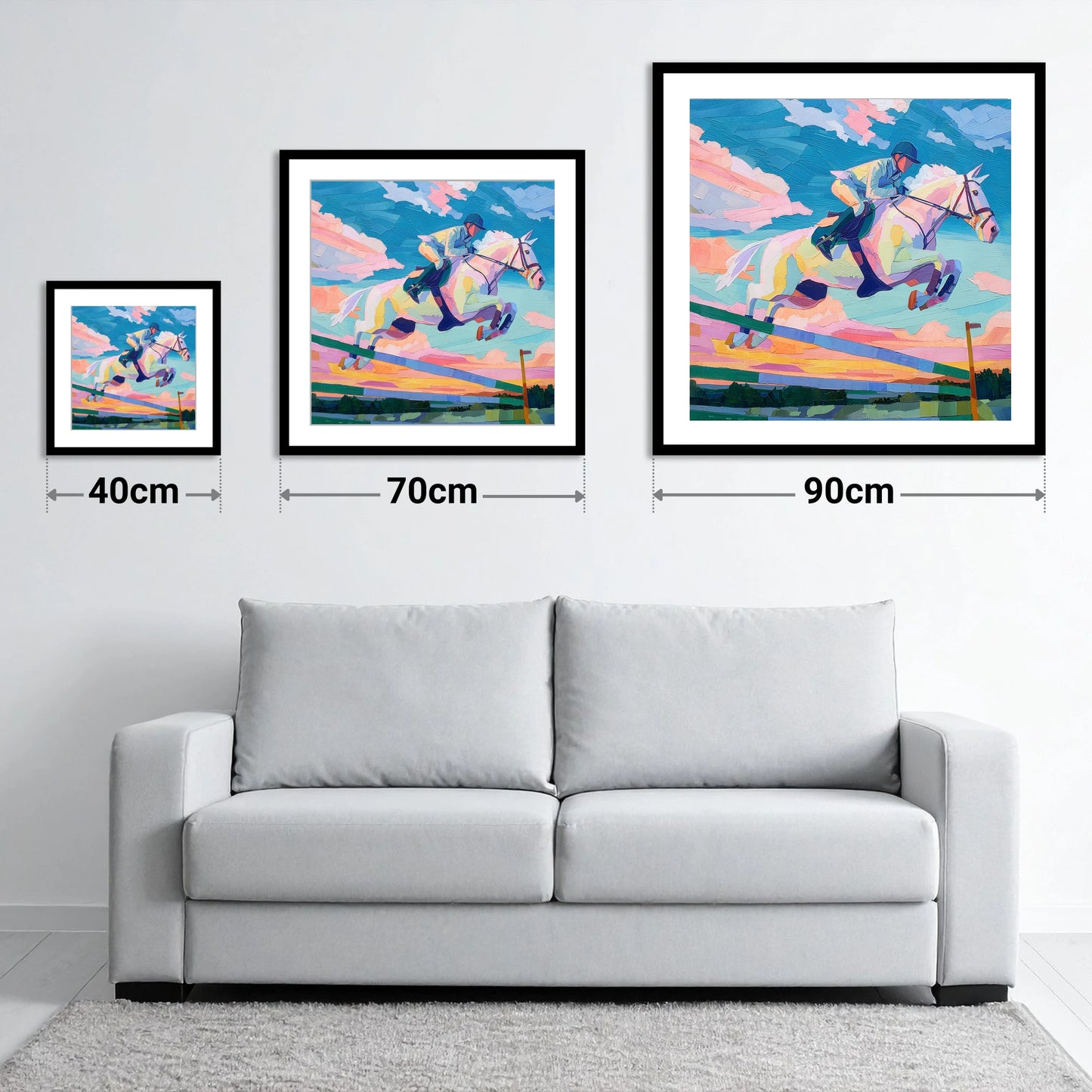 Technicolour Flight - size guide showing 40cm, 70cm and 90cm art prints