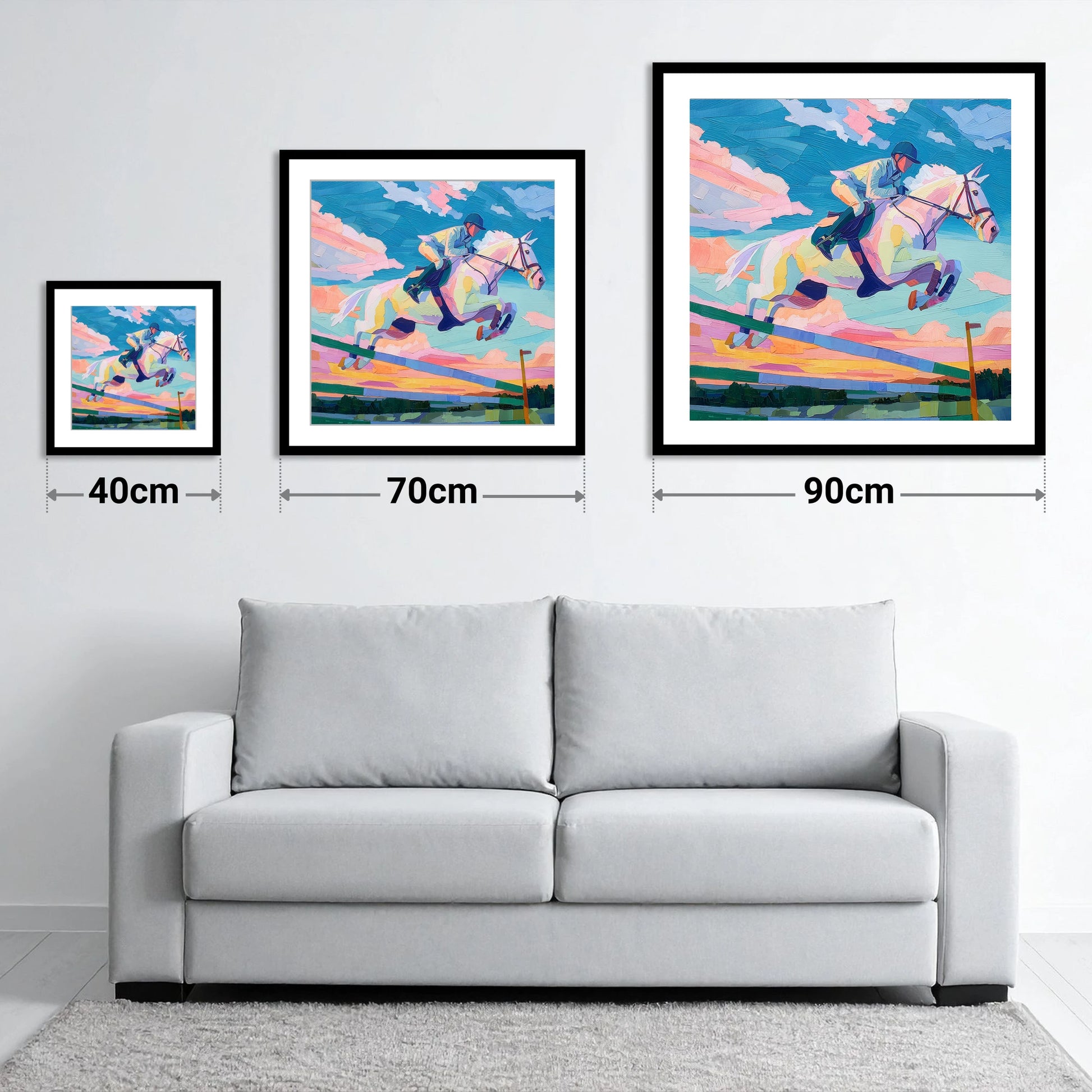 Technicolour Flight - size guide showing 40cm, 70cm and 90cm art prints