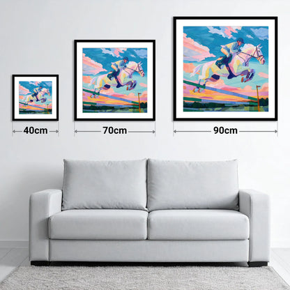 Technicolour Flight - size guide showing 40cm, 70cm and 90cm art prints