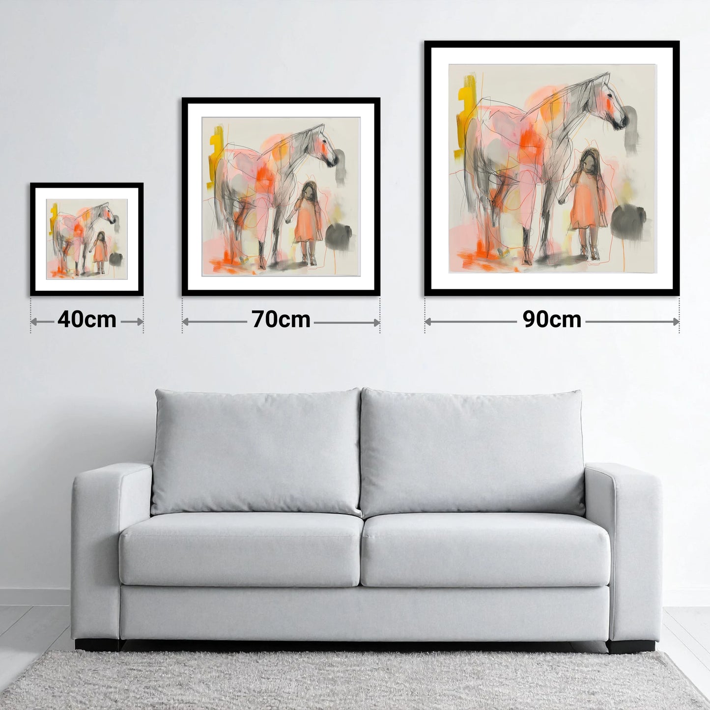 Vibrant First Bond - size guide showing 40cm, 70cm and 90cm art prints