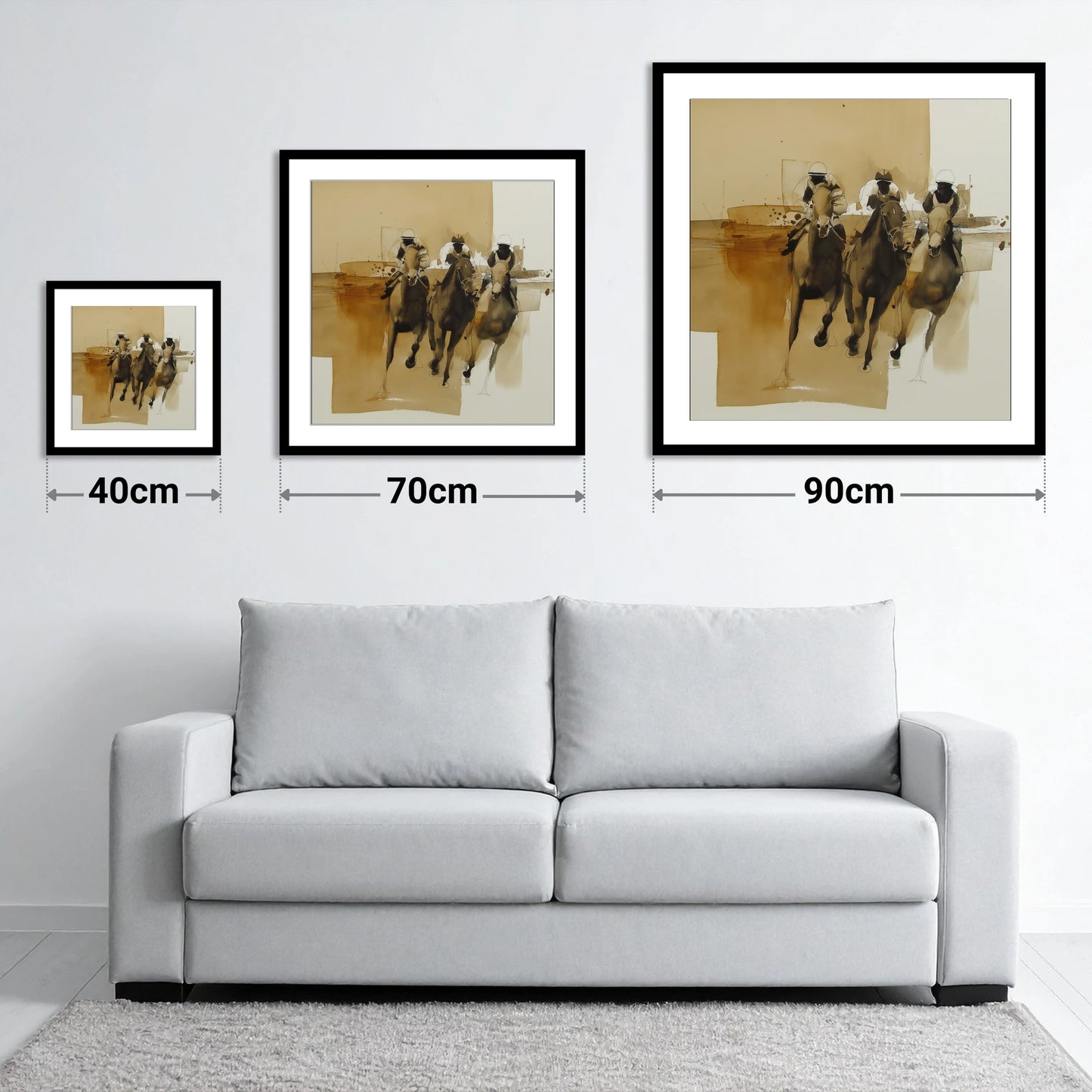 The Home Straight - size guide showing 40cm, 70cm and 90cm art prints