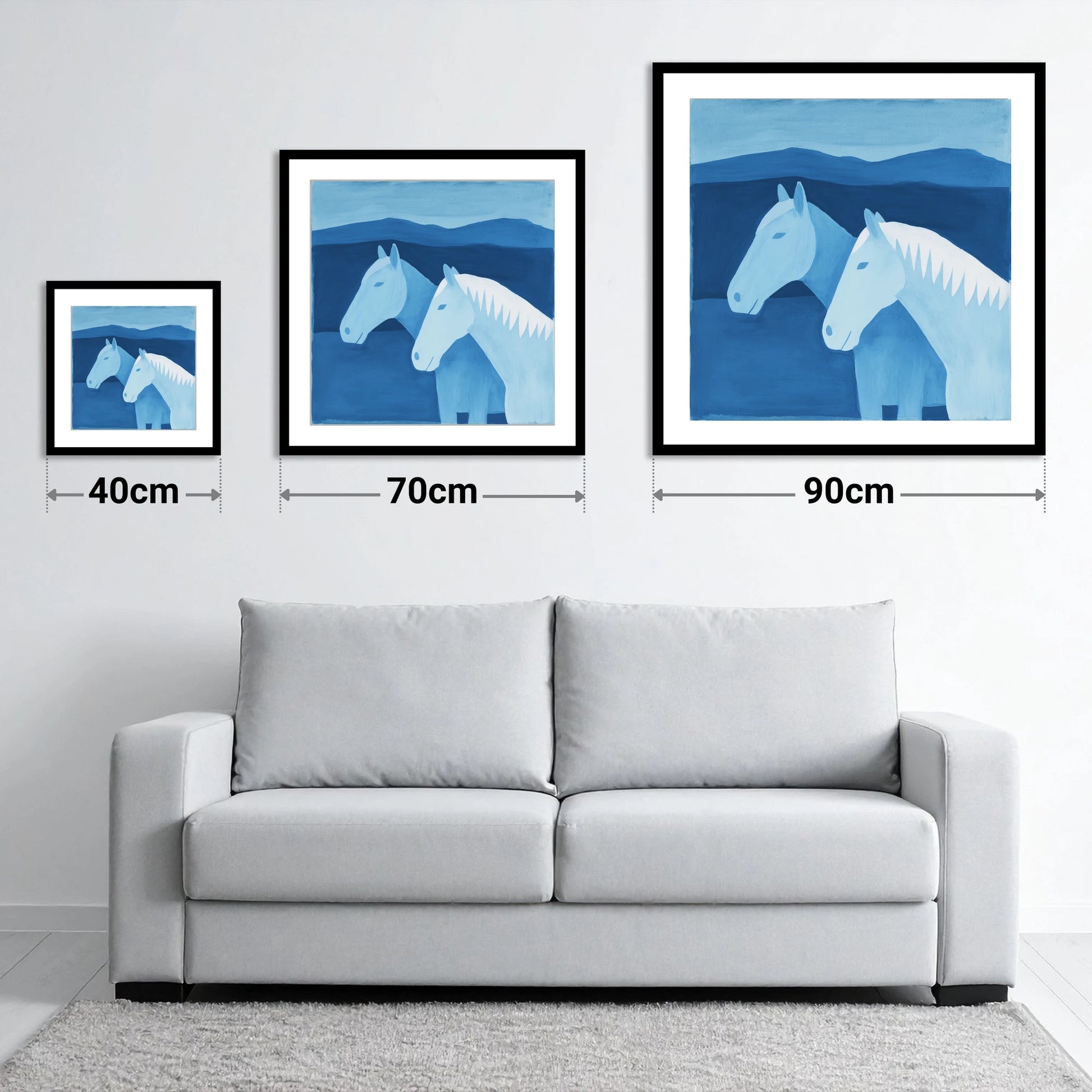 Azure Mountain Companions - size guide showing 40cm, 70cm and 90cm art prints