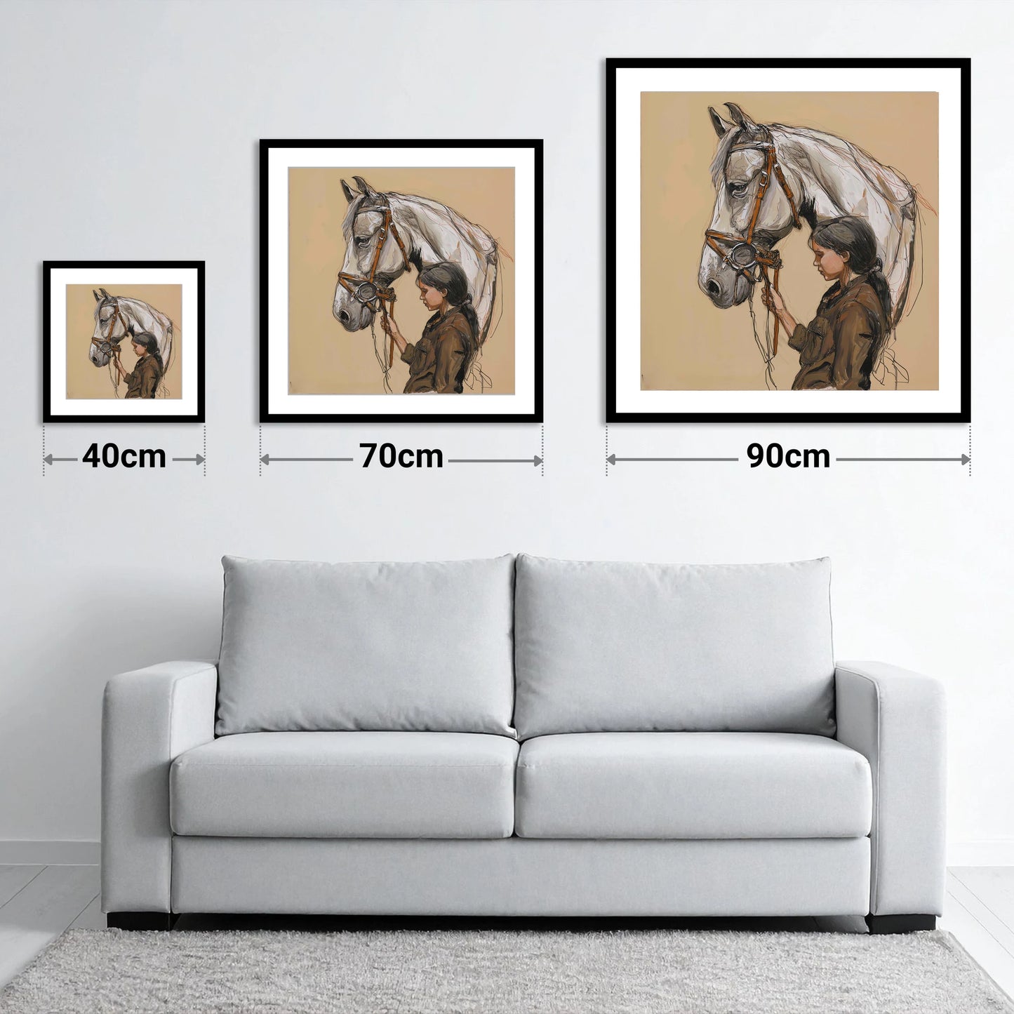 Quiet Connection - size guide showing 40cm, 70cm and 90cm art prints