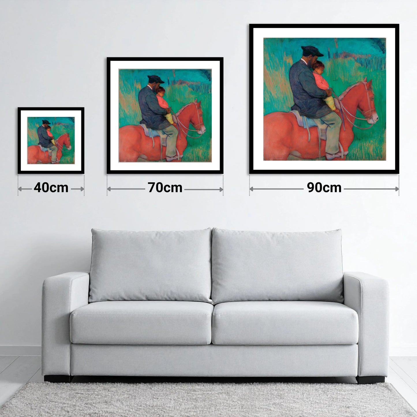 The Shared Ride - size guide showing 40cm, 70cm and 90cm art prints