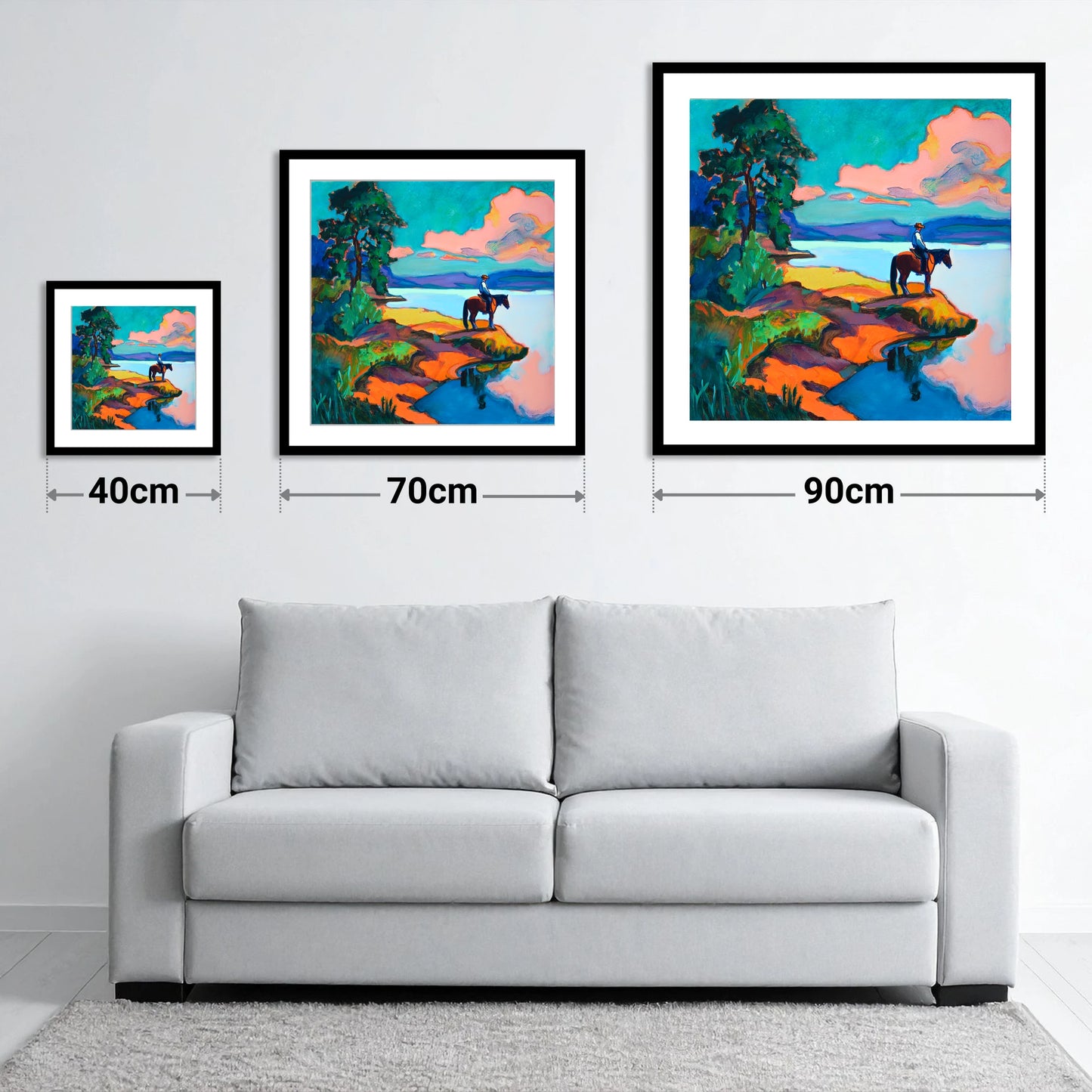 The Violet Shoreline - size guide showing 40cm, 70cm and 90cm art prints