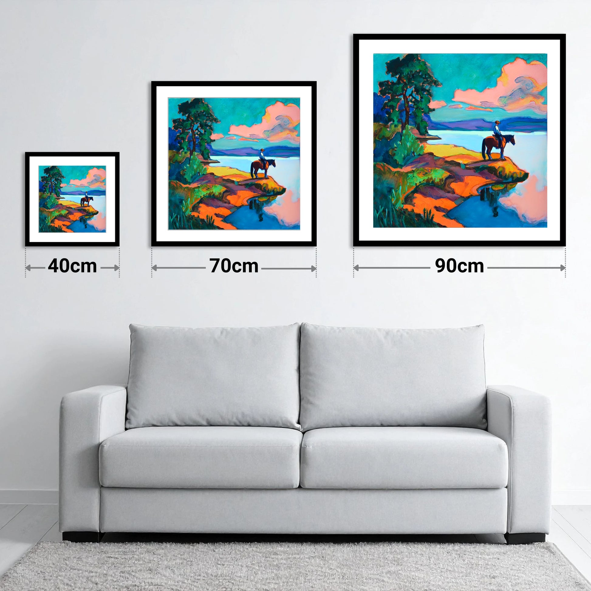 The Violet Shoreline - size guide showing 40cm, 70cm and 90cm art prints
