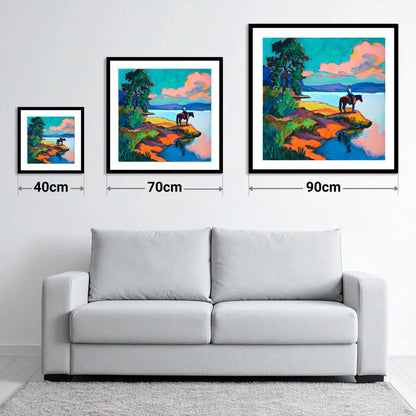 The Violet Shoreline - size guide showing 40cm, 70cm and 90cm art prints
