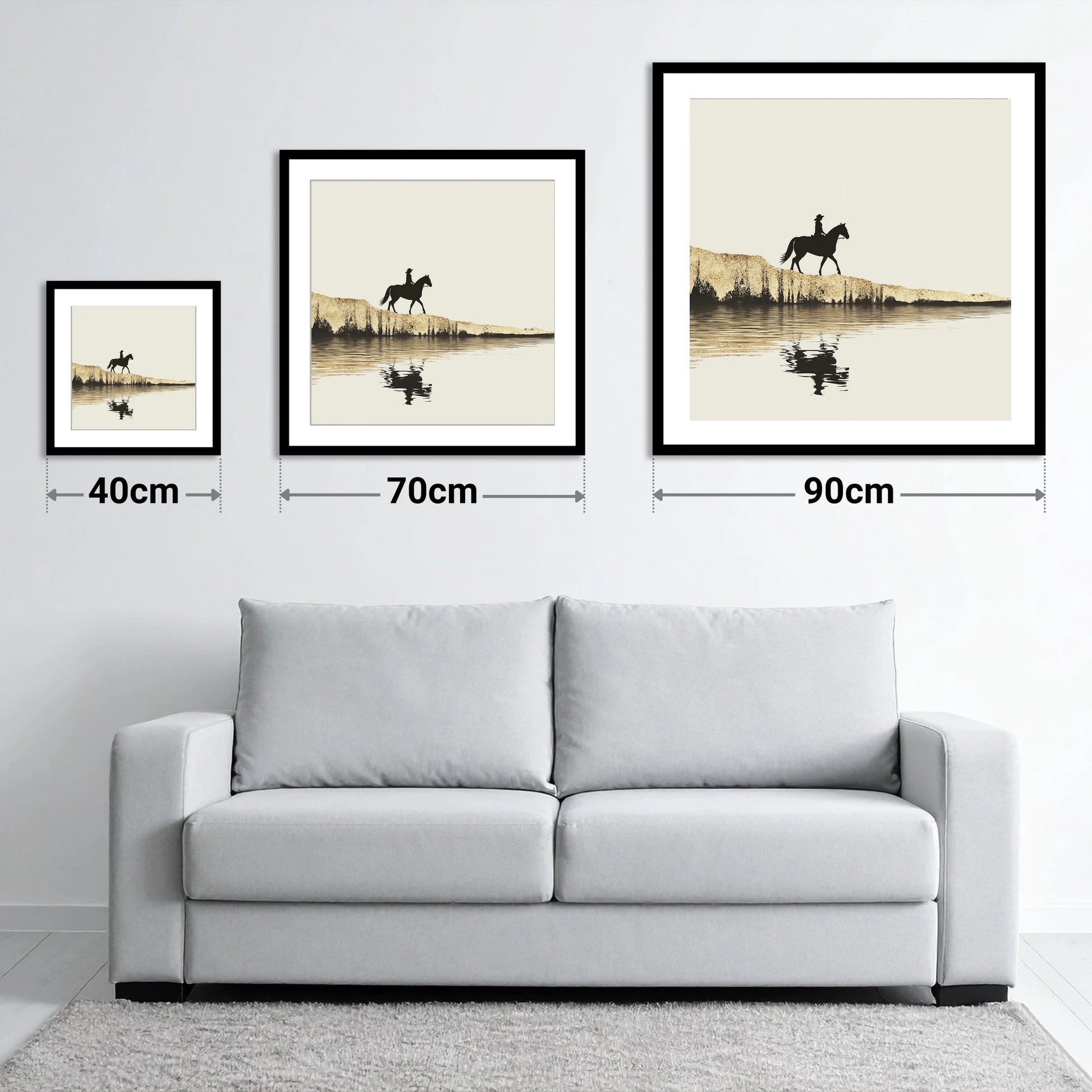 Golden Shores Silhouette - size guide showing 40cm, 70cm and 90cm art prints