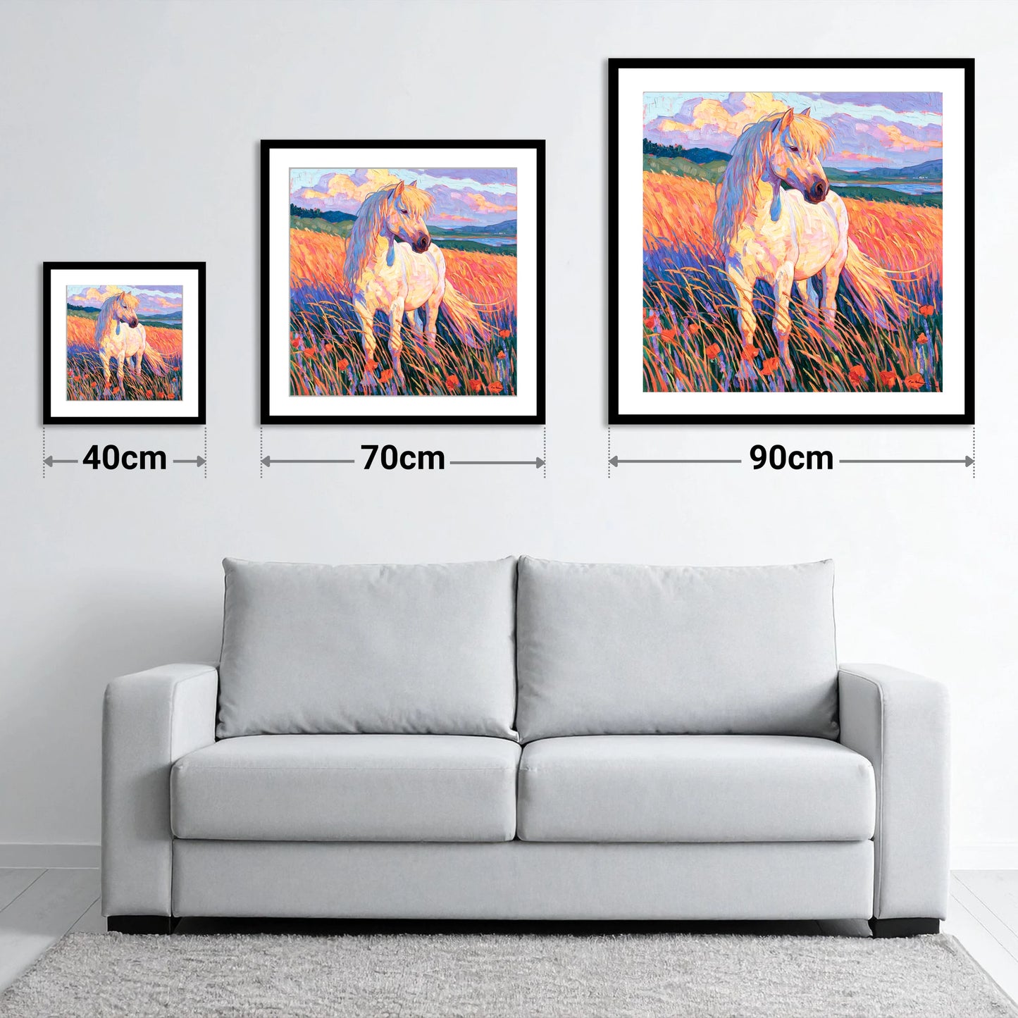 Palomino Pony In Vibrant Meadow - size guide showing 40cm, 70cm and 90cm art prints