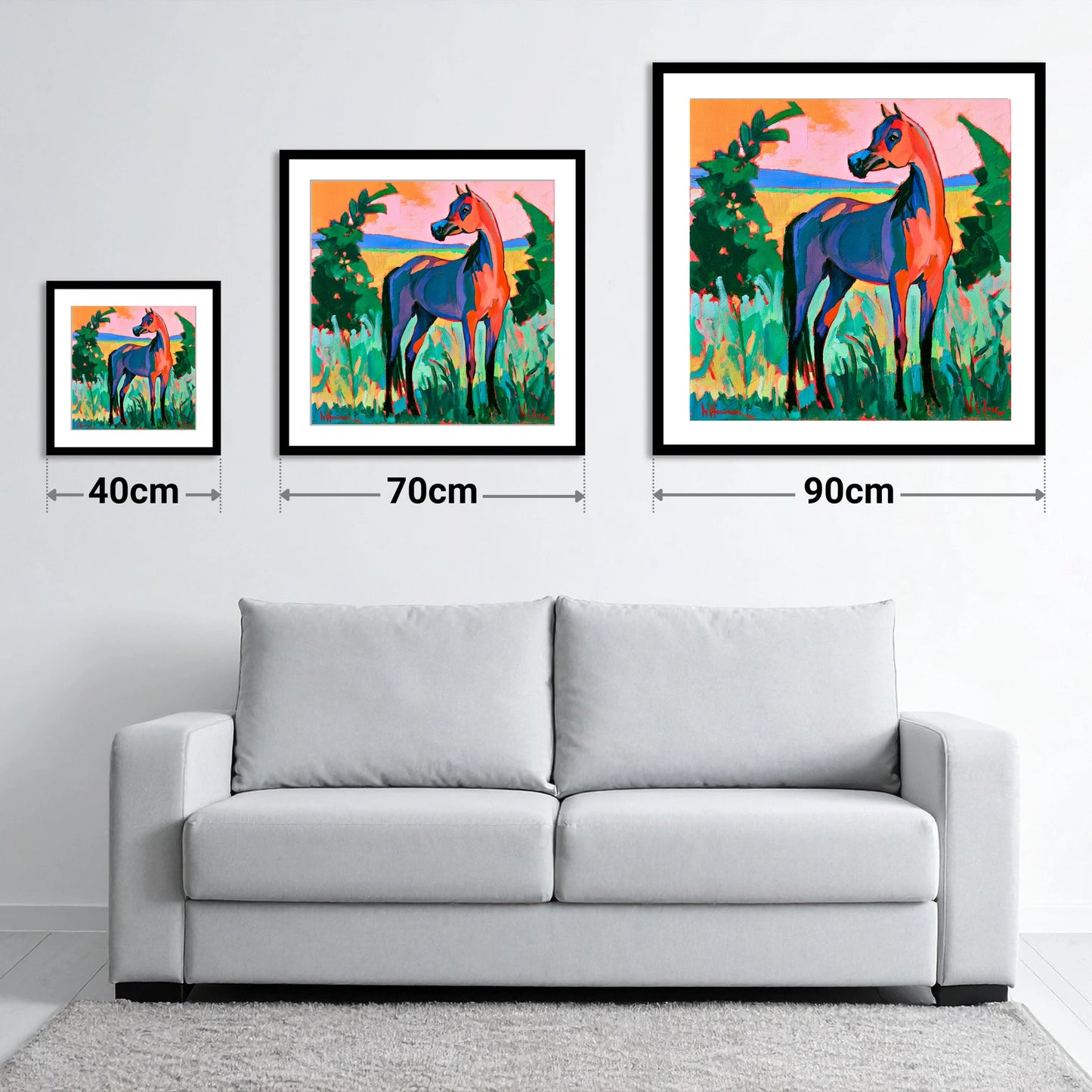 Vibrant Expressionist Arabian Horse - size guide showing 40cm, 70cm and 90cm art prints