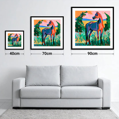 Vibrant Expressionist Arabian Horse - size guide showing 40cm, 70cm and 90cm art prints