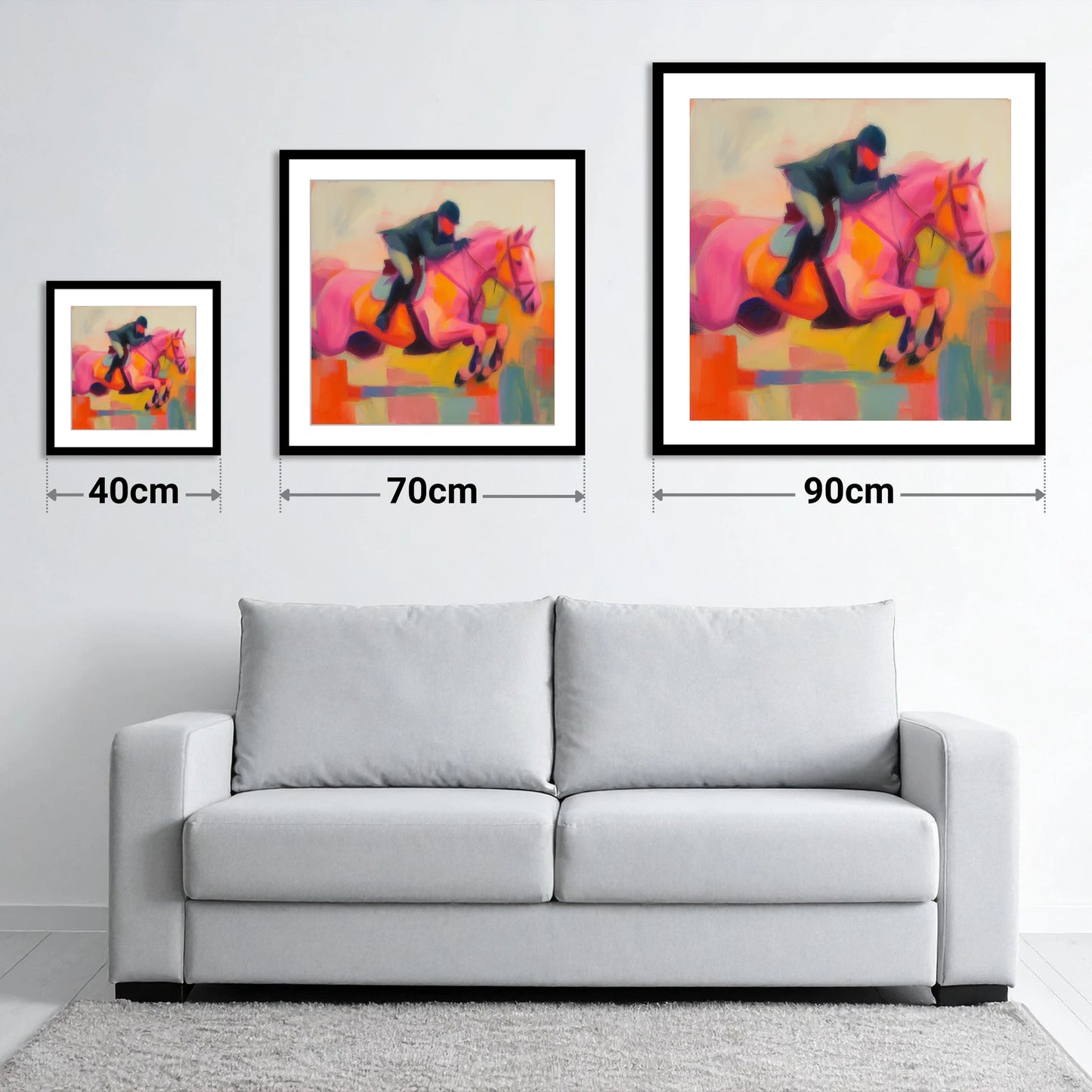 Vivid Ascent - size guide showing 40cm, 70cm and 90cm art prints