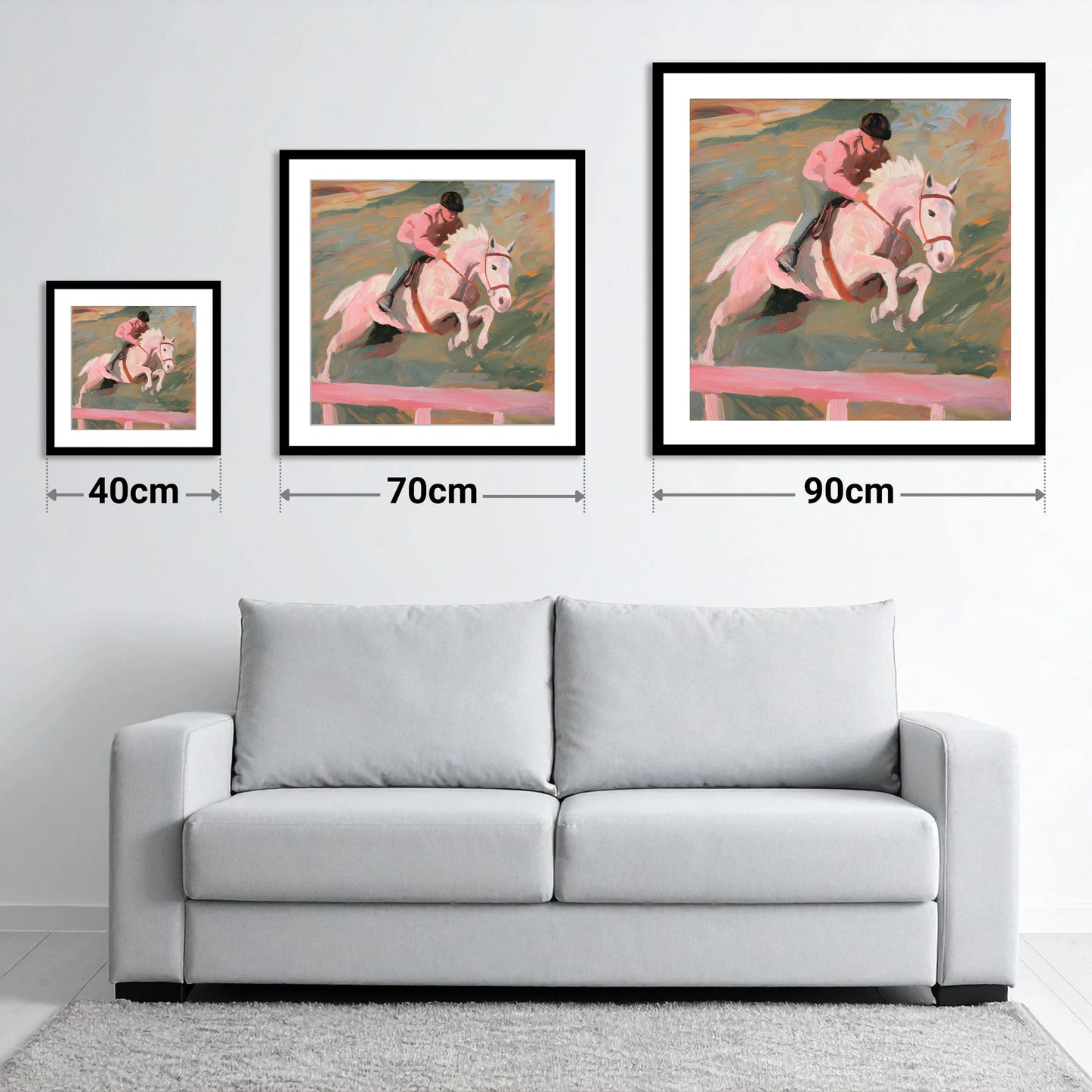 Airborne in Pastel - size guide showing 40cm, 70cm and 90cm art prints