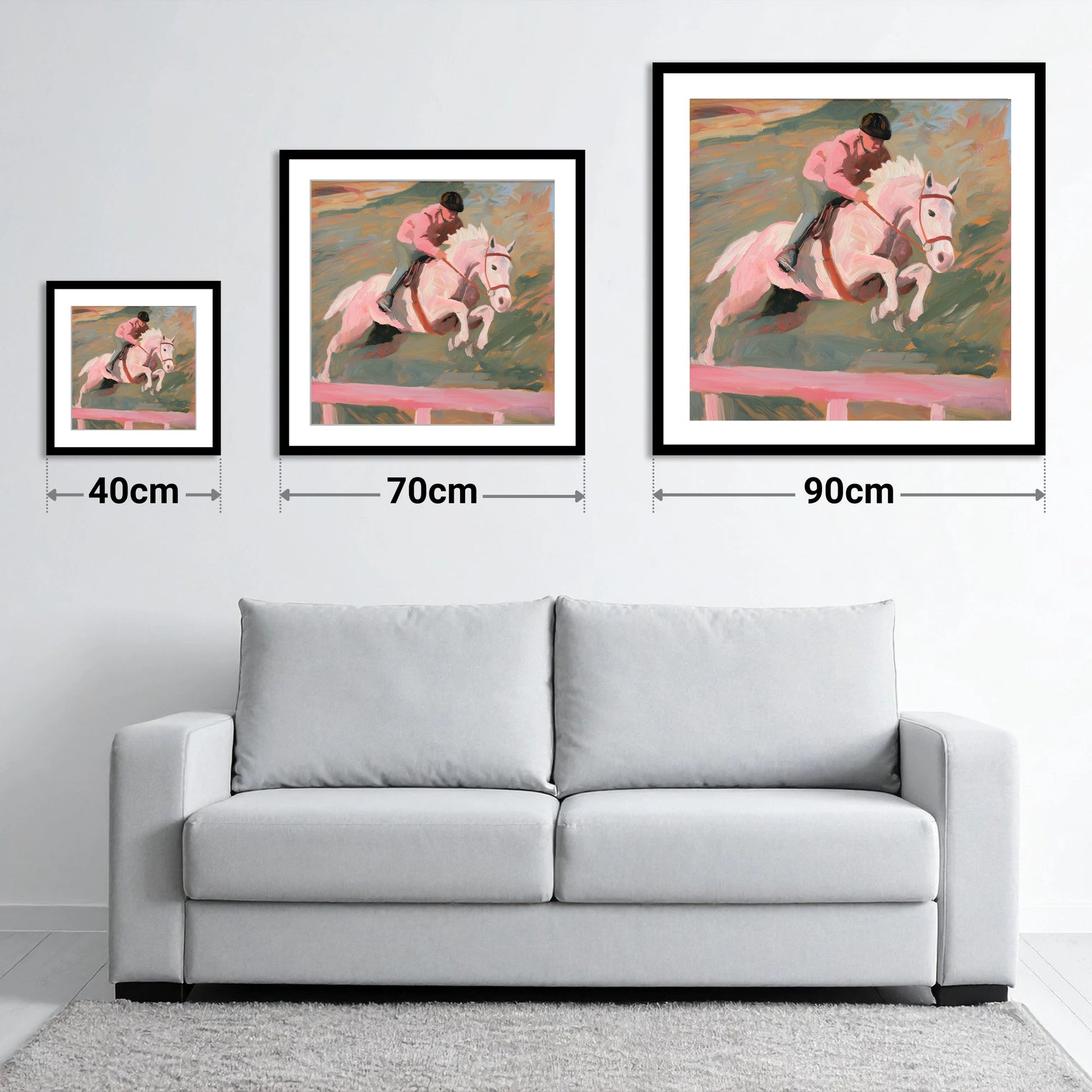 Airborne in Pastel - size guide showing 40cm, 70cm and 90cm art prints