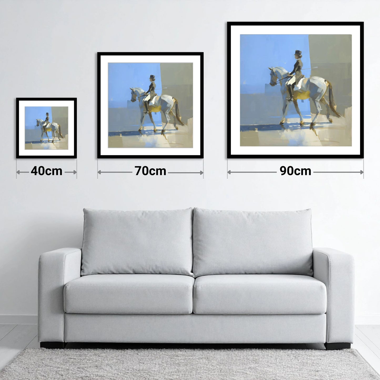 Collected in the Light - size guide showing 40cm, 70cm and 90cm art prints