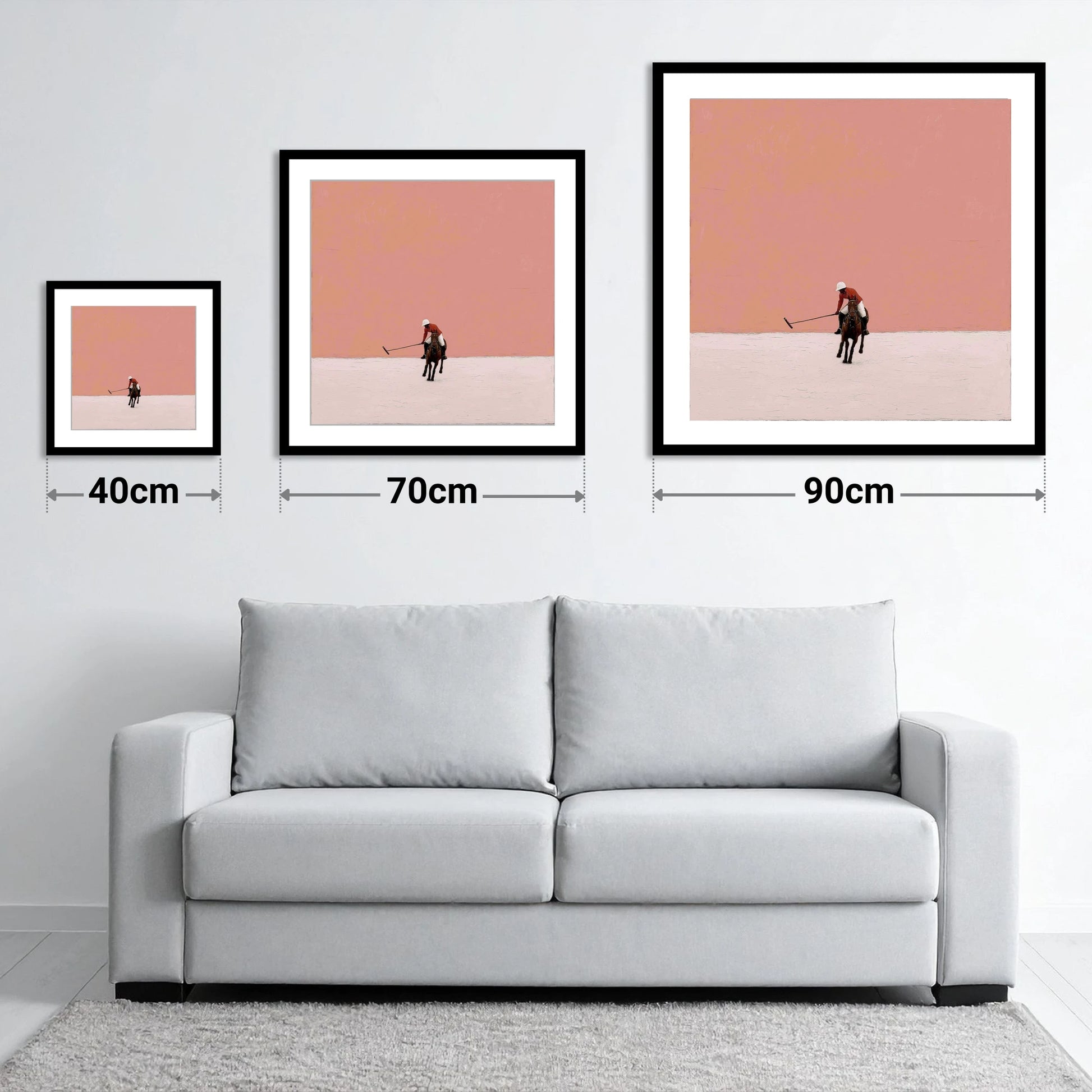 Rose Horizon Polo - size guide showing 40cm, 70cm and 90cm art prints